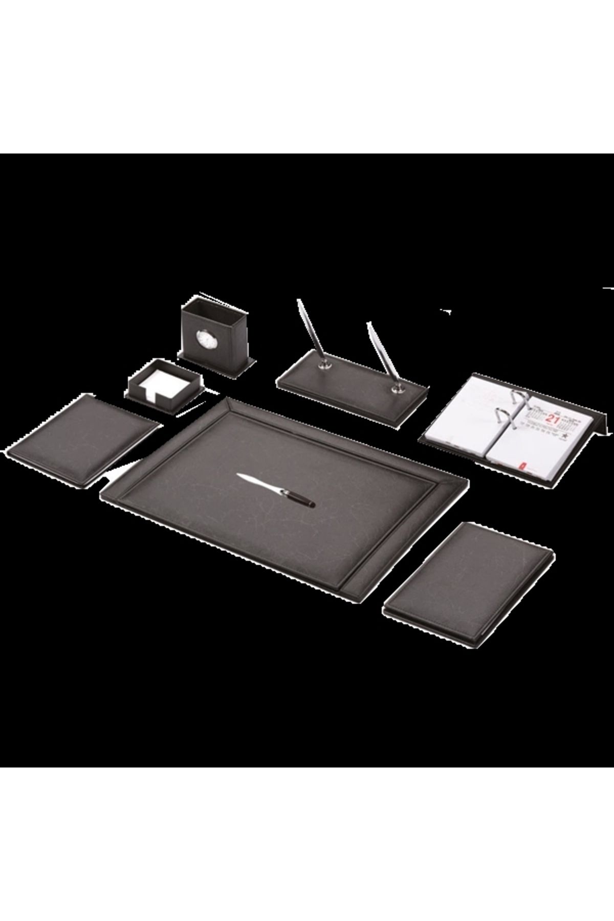 Gülpaş-Optical Patterned Napa Faux Leather Desk Mat Set - Black with Double Pen 913 1