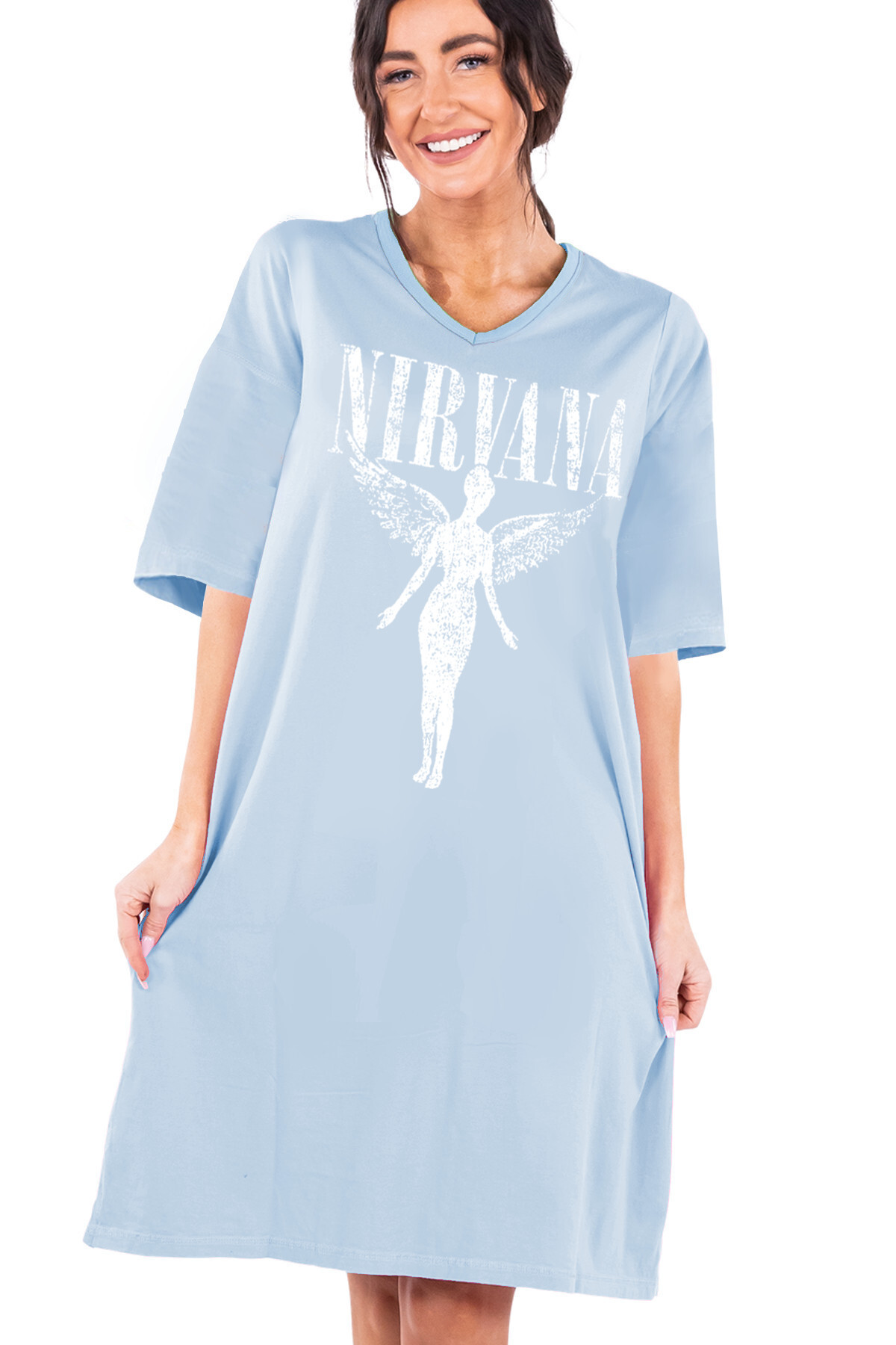ROCKANDROLL Melek Nirvana Açık Mavi V Yaka Yarım Kol Diz Boyu Rahat Ev Elbisesi Gecelik