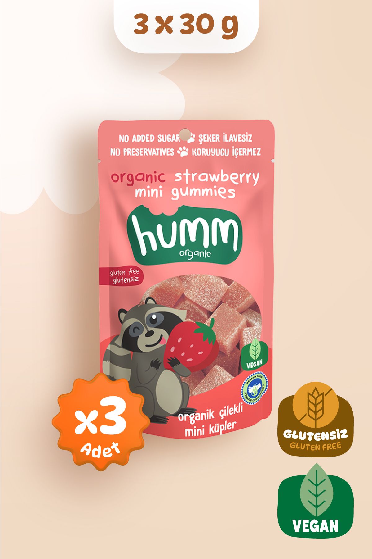 Humm Organic Organik Çilekli Vegan Mini Küpler 30g X 3 Adet