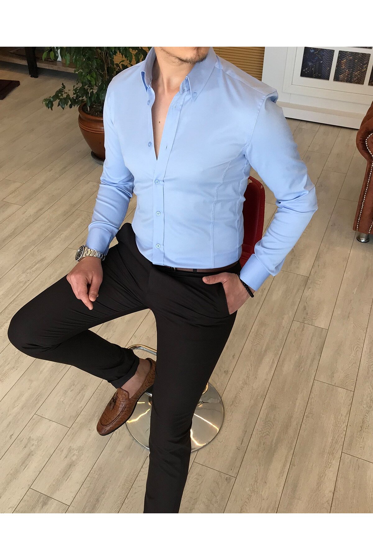 TerziAdemAltun  italyan stil slim fit dik yaka saten erkek gömlek Mavi T4750 - Görsel 2