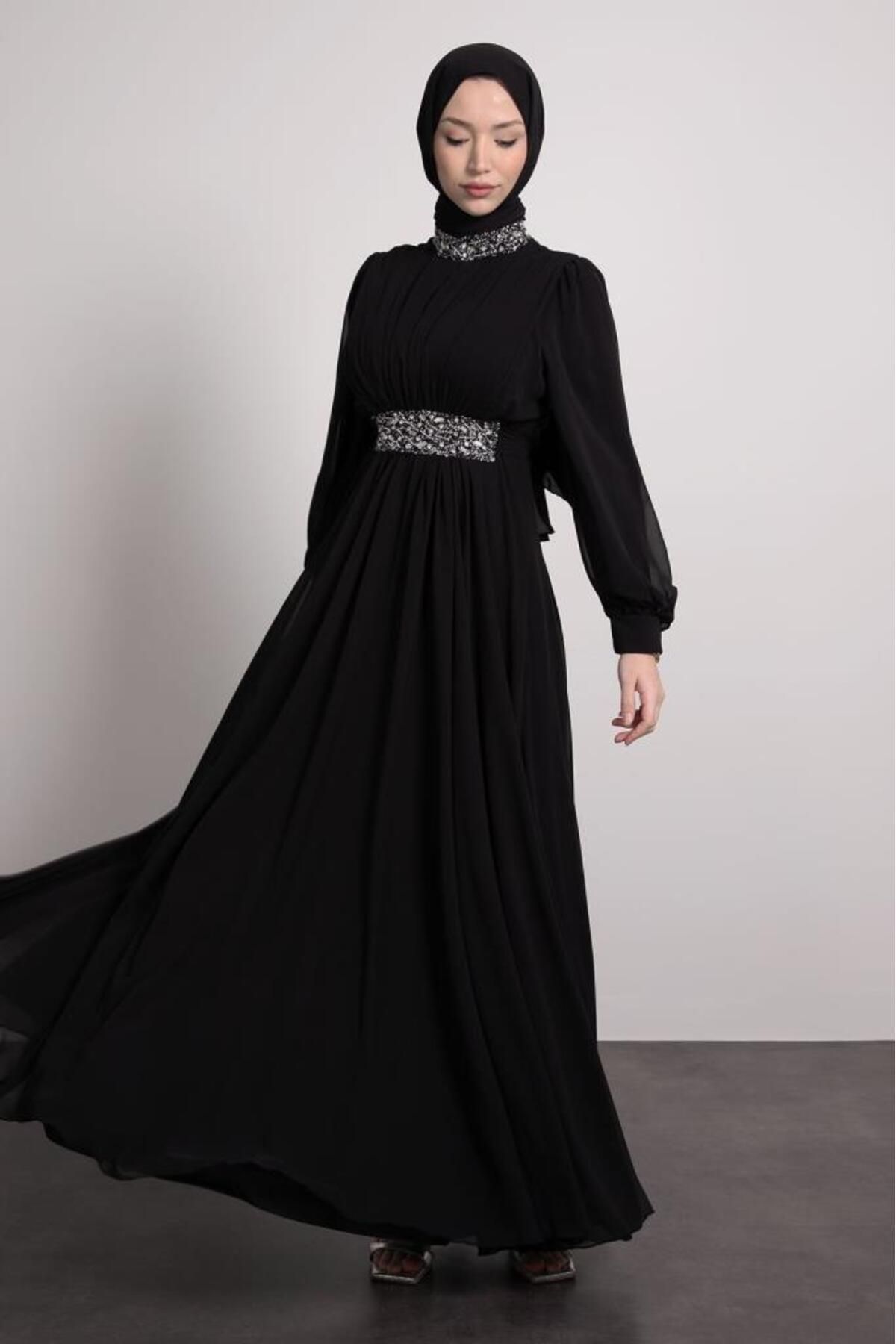 Lamia Giyim-Waist and Neck Stone Embroidered Hijab Evening Dress Black 3