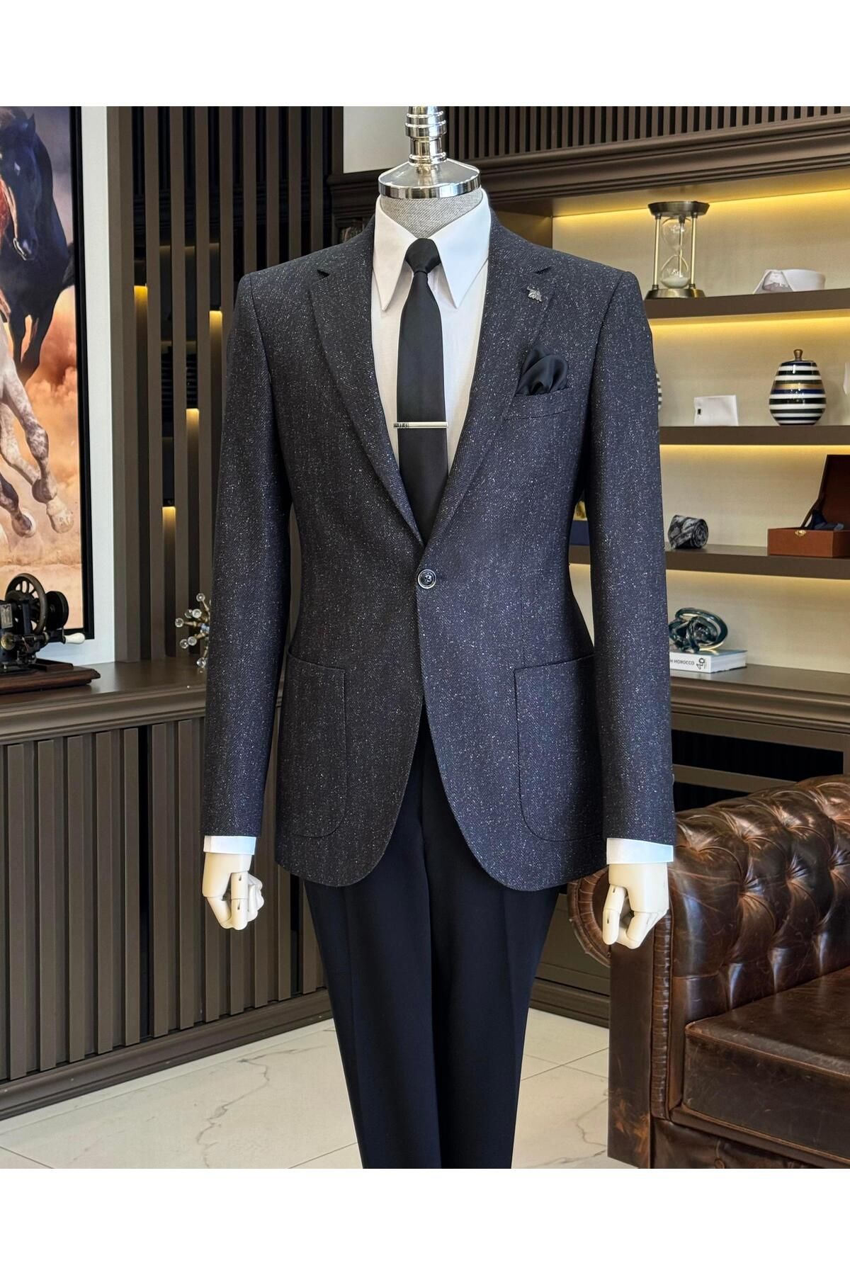 TerziAdemAltun-Black Mono Collar Italian Style Men's Jacket - T10557 1