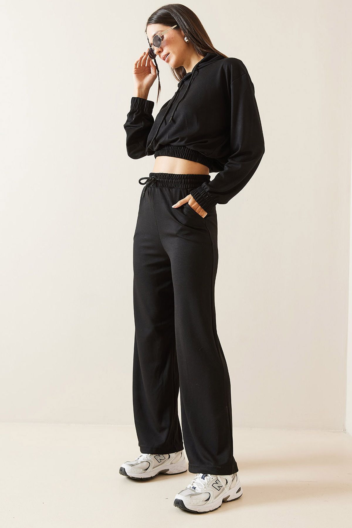 XHAN-Black High Waist Wide Leg Sweatpants 5Kxk8-48971-02 3