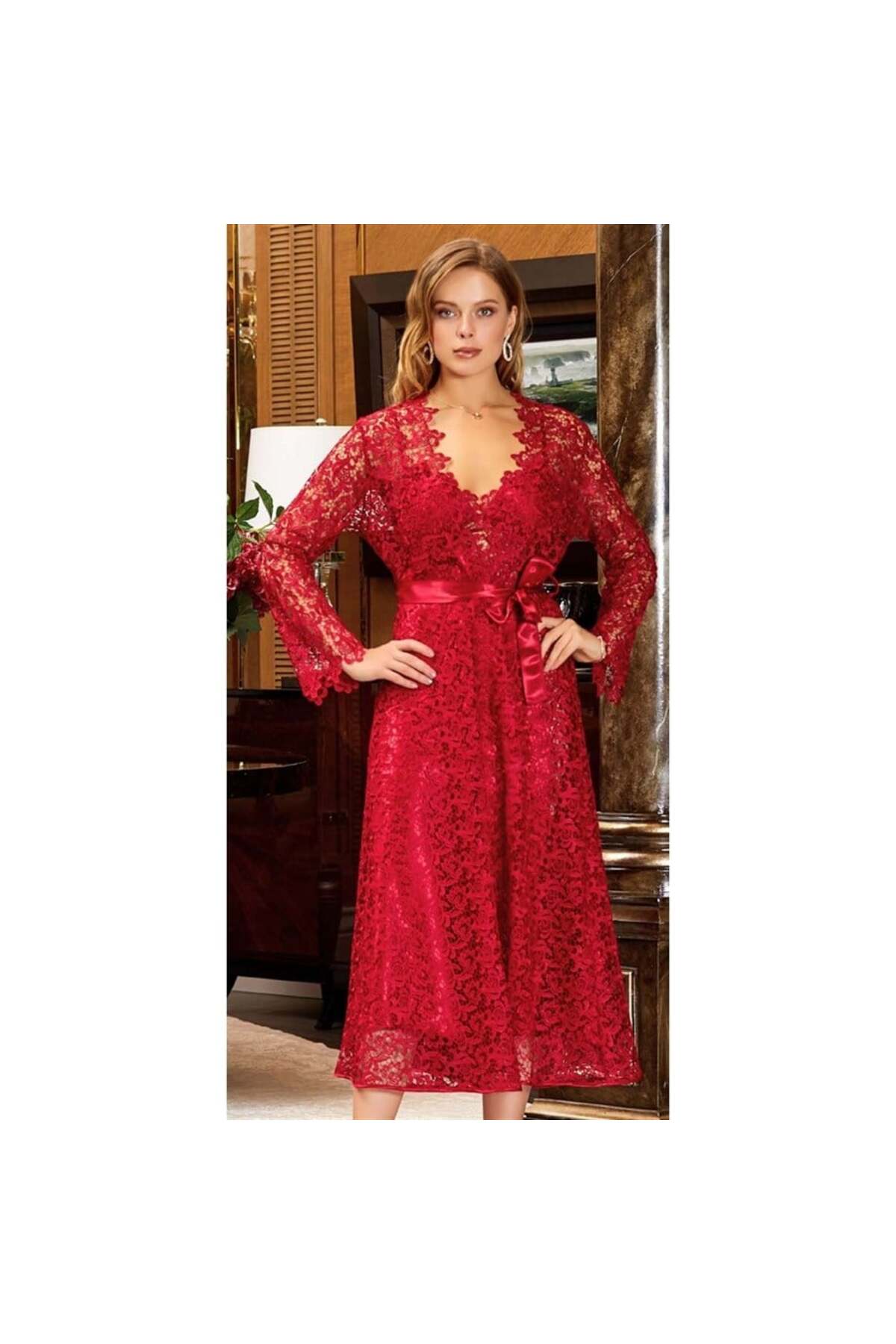 Jeremi 619 Çeyizlik Ipek Saten Dantelli Uzun Altılı Set - Bordo