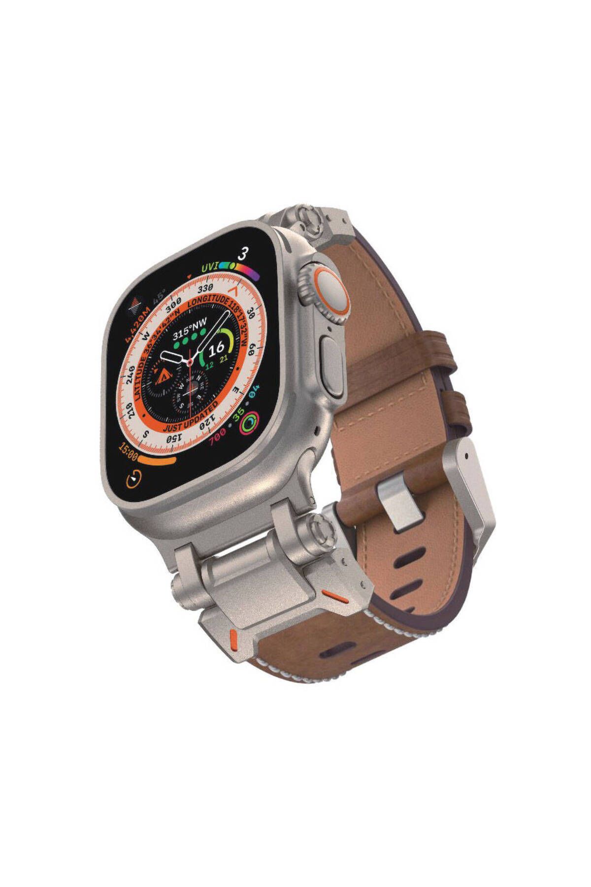Five-online Apple Watch Ultra 2 49mm Metal Tokalı Yumuşak Dokulu Suni Deri Kordon