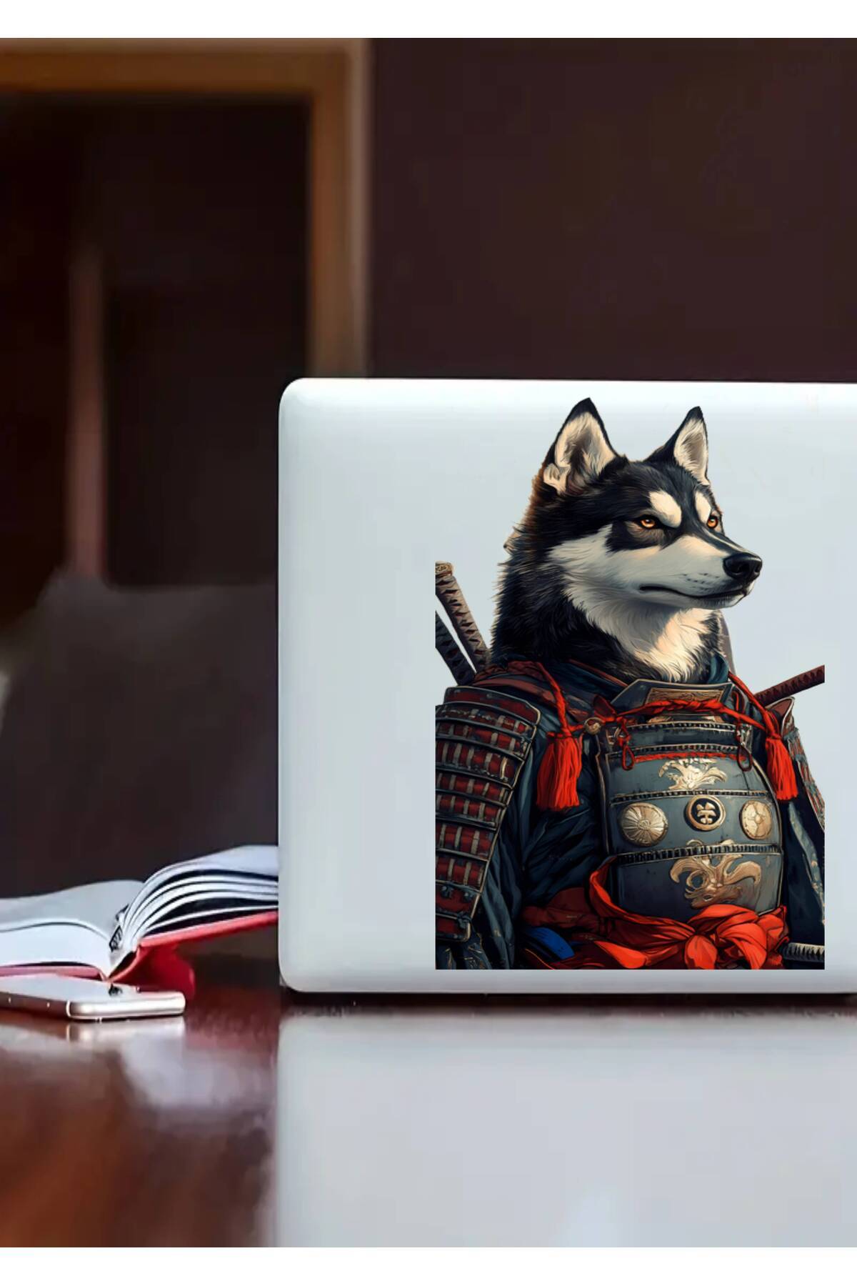 aiki Laptop Cu Tematică Câine Samurai, Mașină, Lemn, Perete, Autocolant Din Sticlă Ornament 22 Cm - One Size