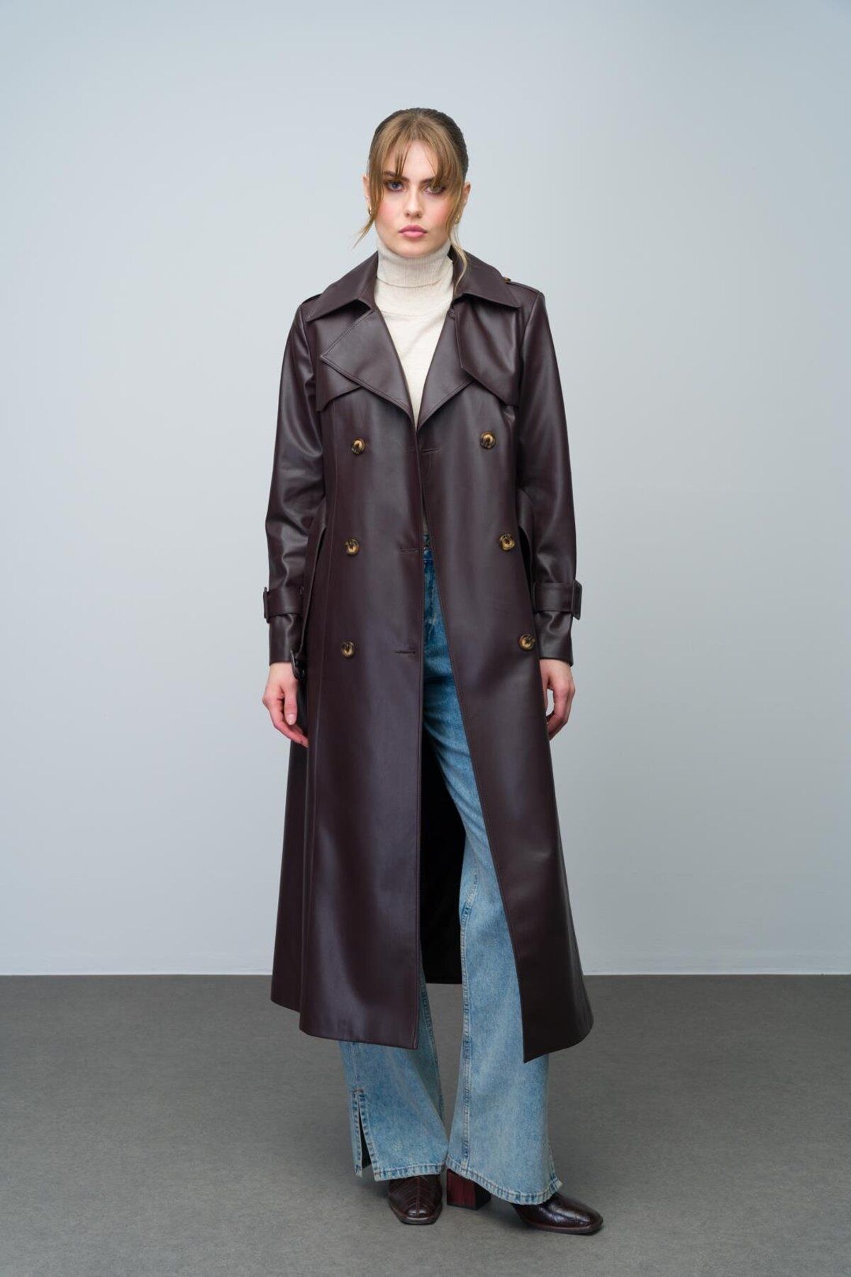 Olcay-Double Breasted Cut Leather Trench Coat - Cape and Epaulet Detail, K. BROWN 6608 4