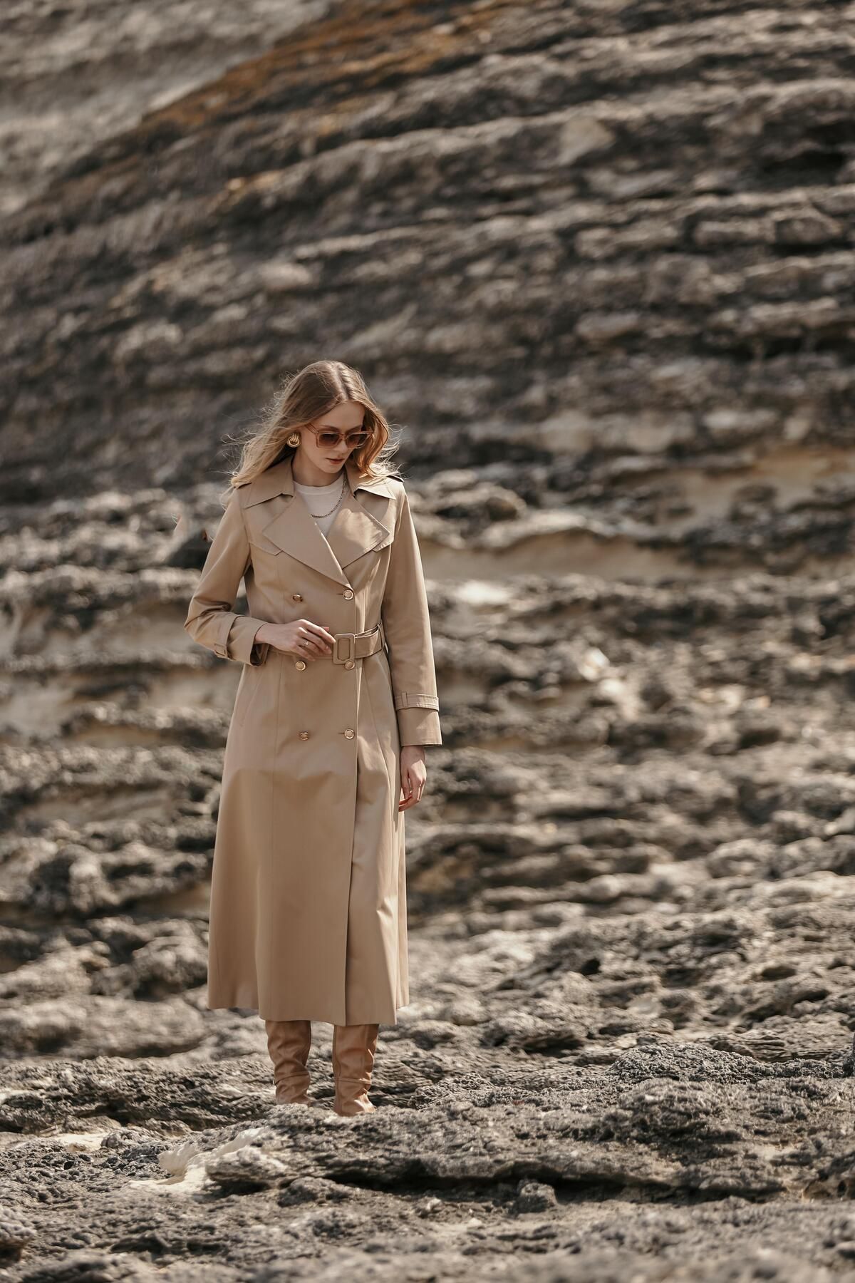 Olcay-Kamel 6617 - Double Breasted Intermediate Length Trench Coat with Epaulet and Cloak 1