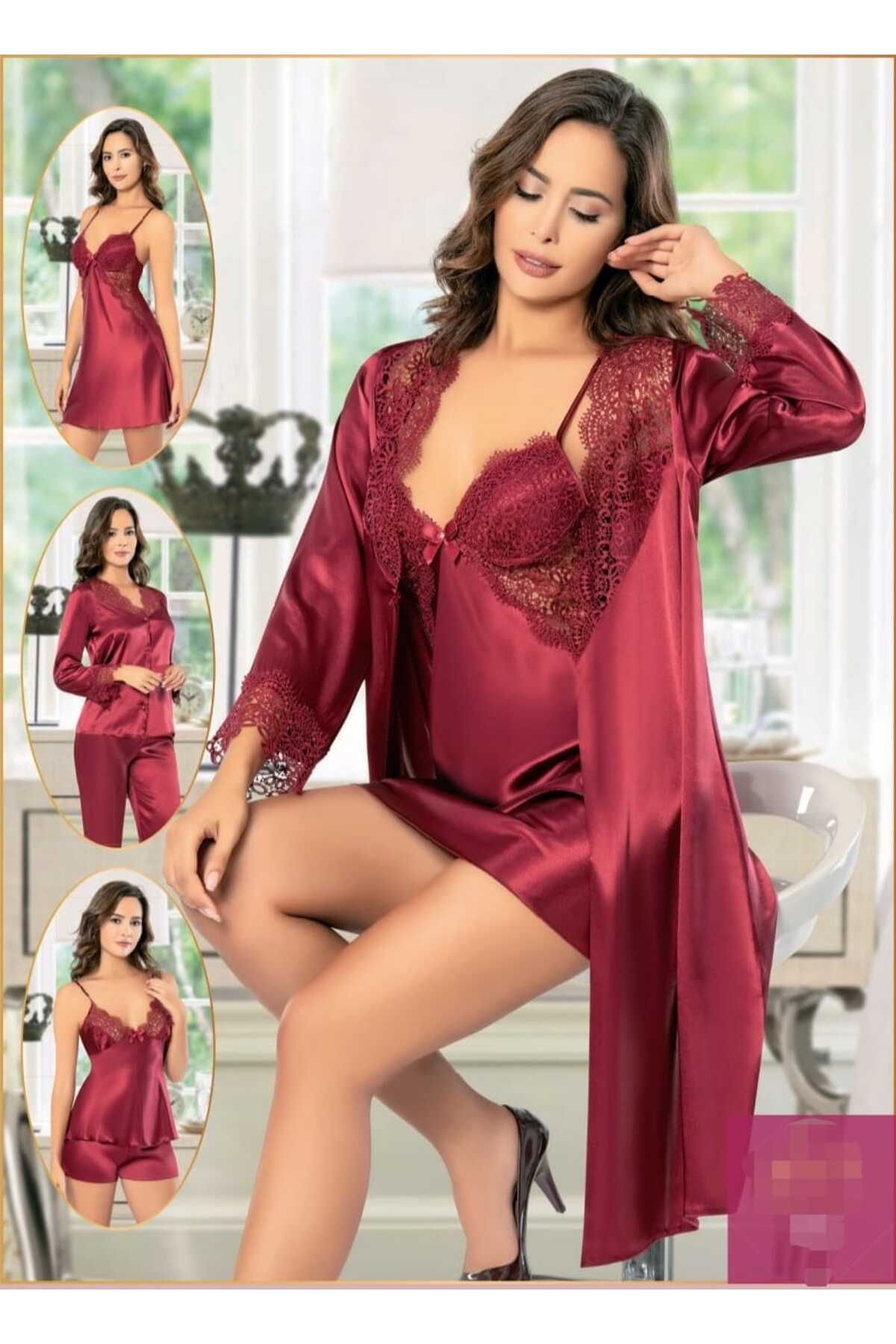 CT MODA Kadın Bordo Saten ÖzelTasarım Sabahlık Gecelik PijamaTakım ŞortluTakım 6'lı Kutulu Çeyiz Set