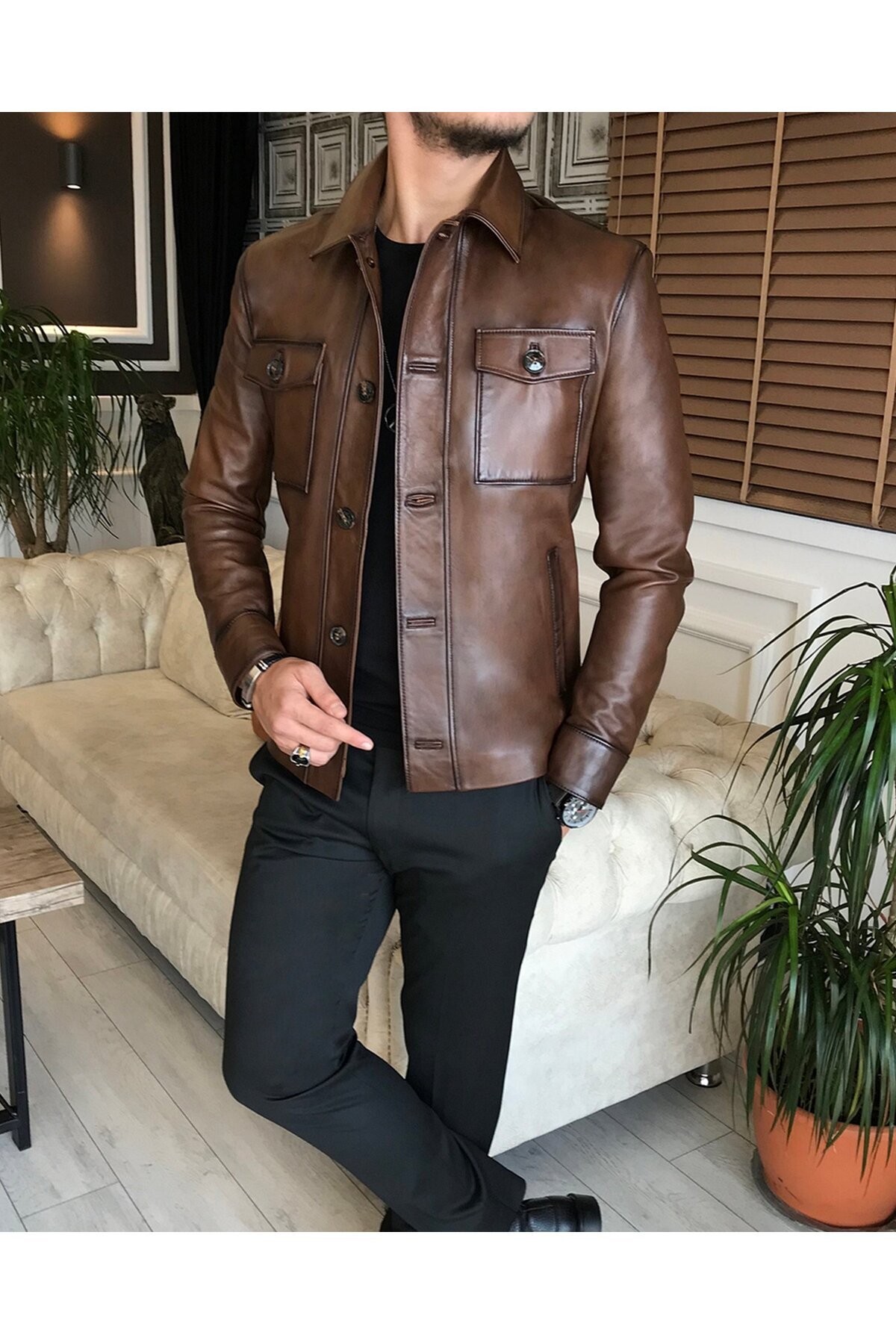 %100 orjinal kuzu deri mont ceket taba T6319 — قهوه‌ای — تصویر 4 از 7