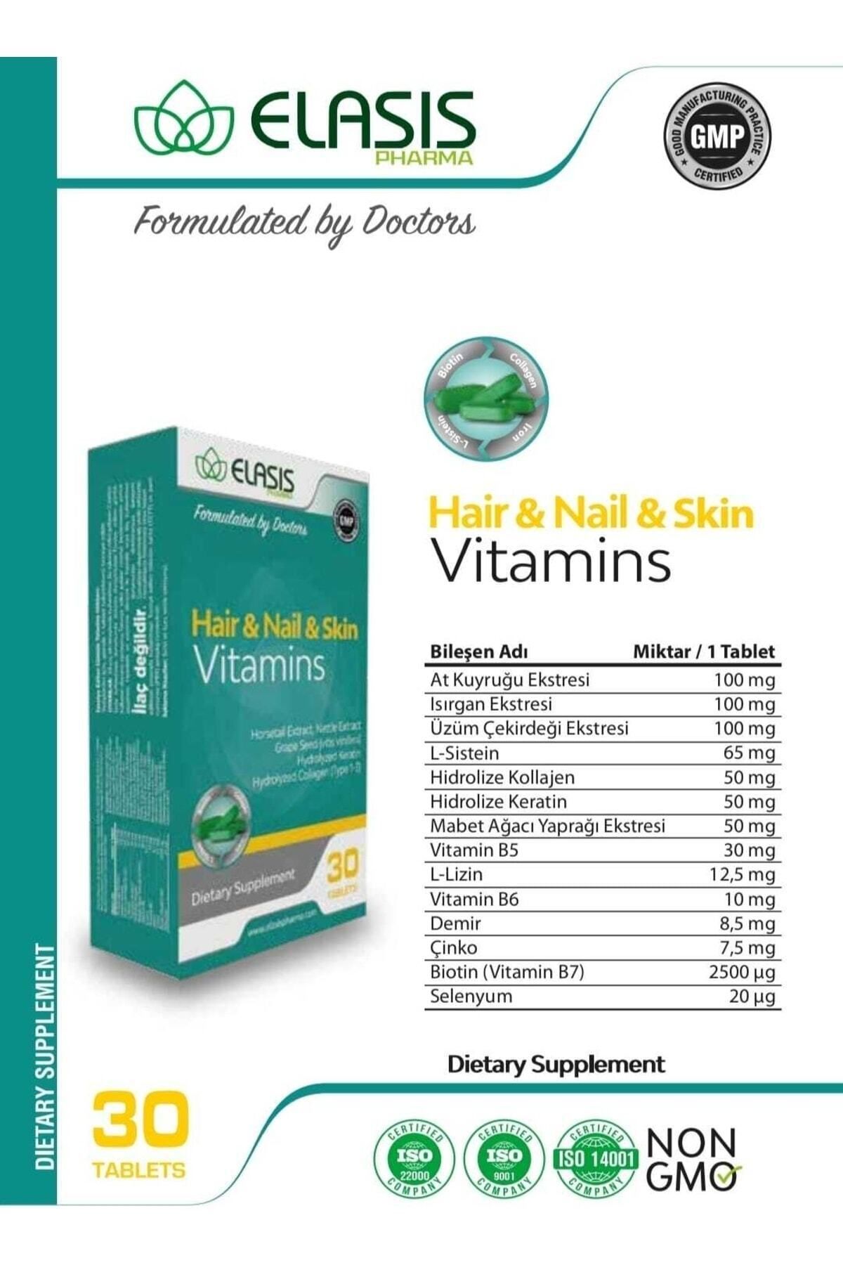 ELASİS PHARMA Saç, Tırnak Ve Cilt Için Bitoin Içeren Vitamin Karışımı (HAİR NAİL SKİN VİTAMİNS) 30 Kapsül 2500 Mg