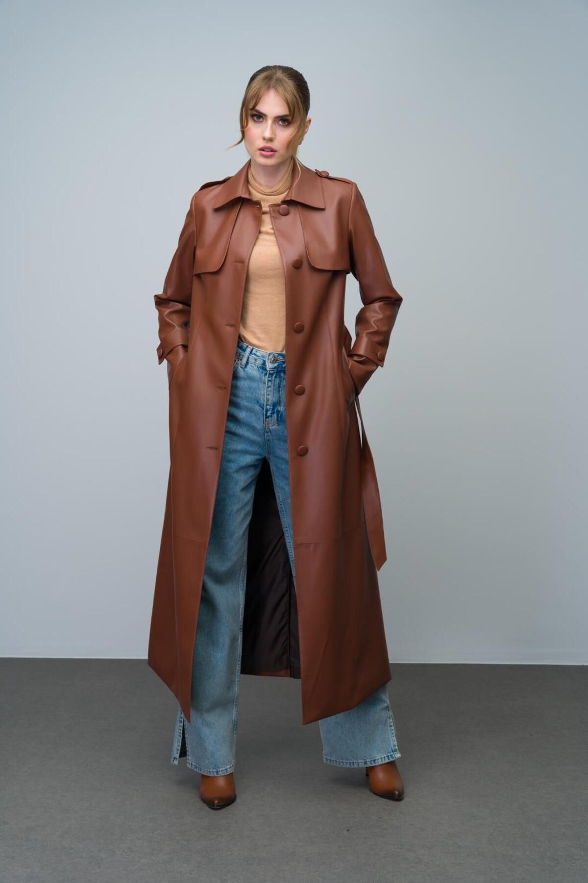 Olcay-Long Leather Trench Coat - Shirt Collar, Epaulette and Cloak Detail TABA 6607 6