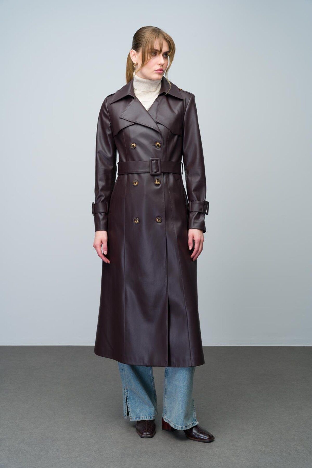 Olcay-Double Breasted Cut Leather Trench Coat - Cape and Epaulet Detail, K. BROWN 6608 2