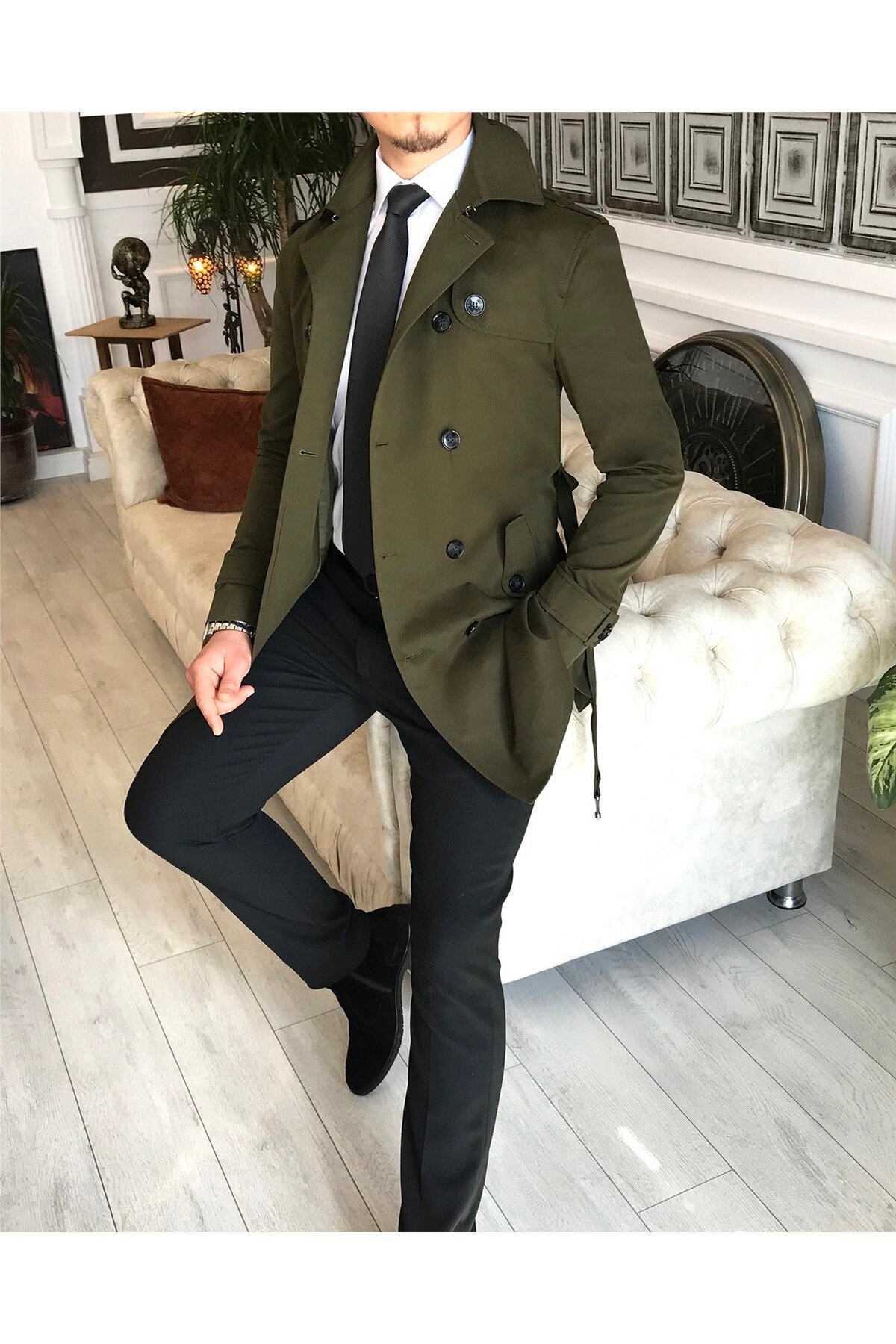 TerziAdemAltun İtalyan stil slim fit mevsimlik erkek trençkot mont Yeşil T4976 görsel 5