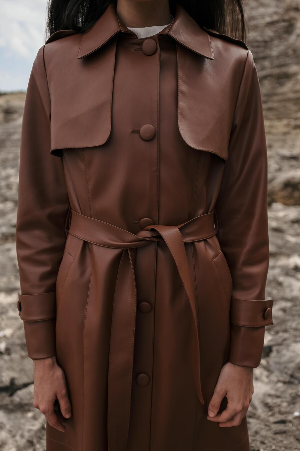 Olcay-Long Leather Trench Coat - Shirt Collar, Epaulette and Cloak Detail TABA 6607 3