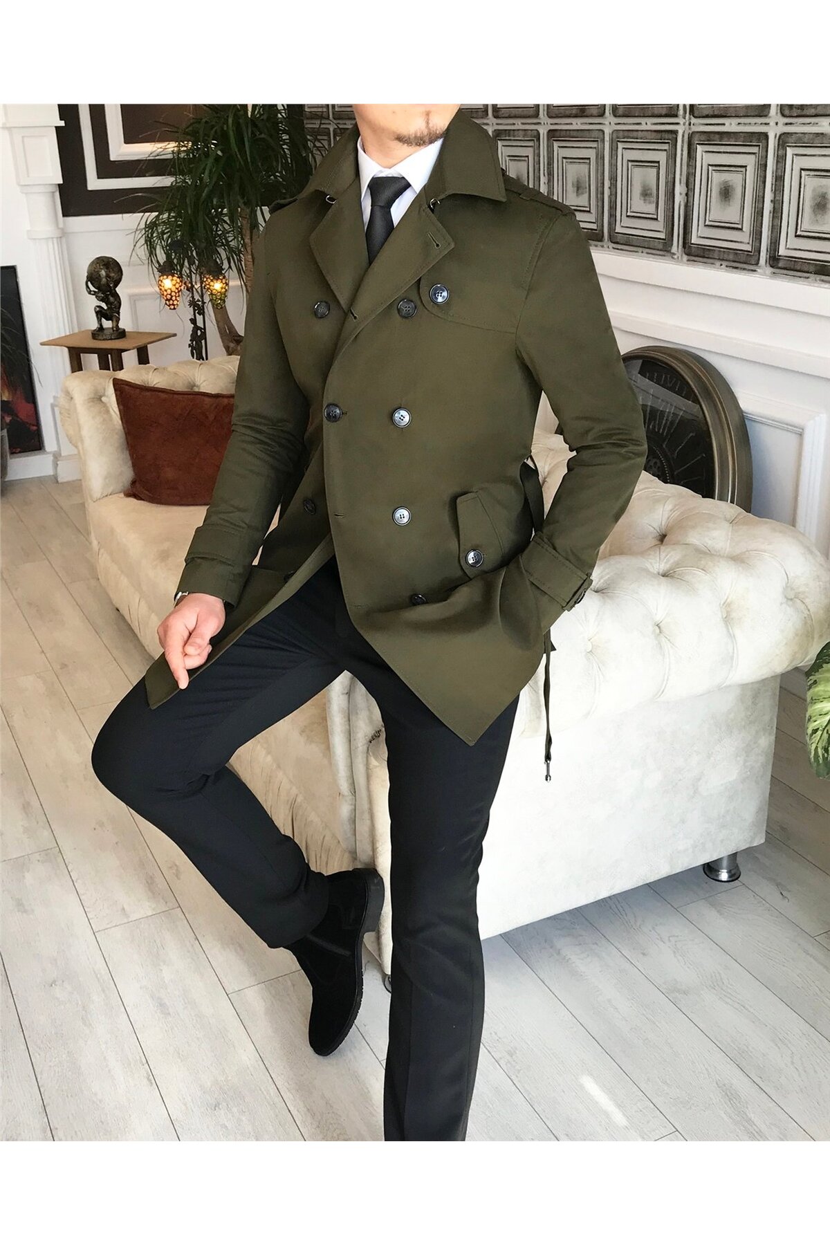 TerziAdemAltun İtalyan stil slim fit mevsimlik erkek trençkot mont Yeşil T4976 görsel 6