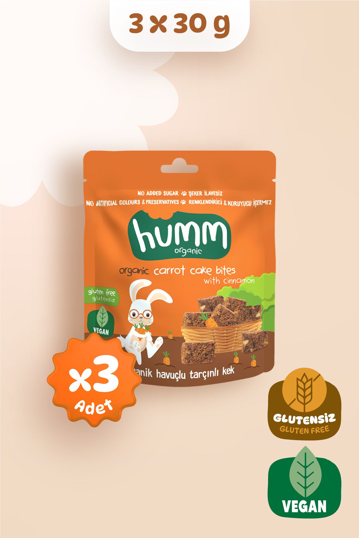 Organik Glutensiz Vegan Havuçlu ve Tarçınlı Kek Atıştırmalık Paketi - 3 adet