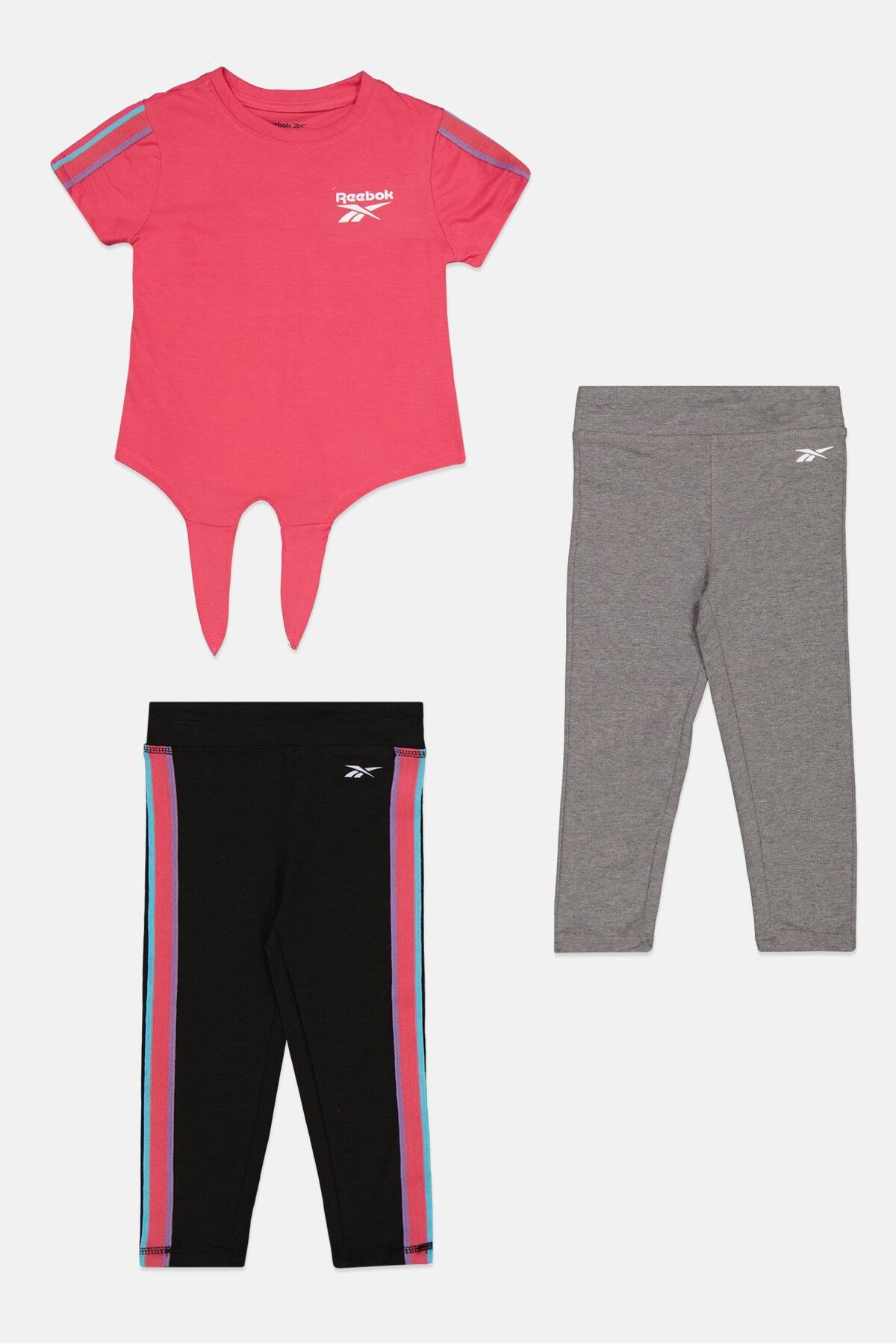 Reebok-Kids Girl 3 Pieces Brand Logo Top And Leggings, Pink/Black/Grey 1