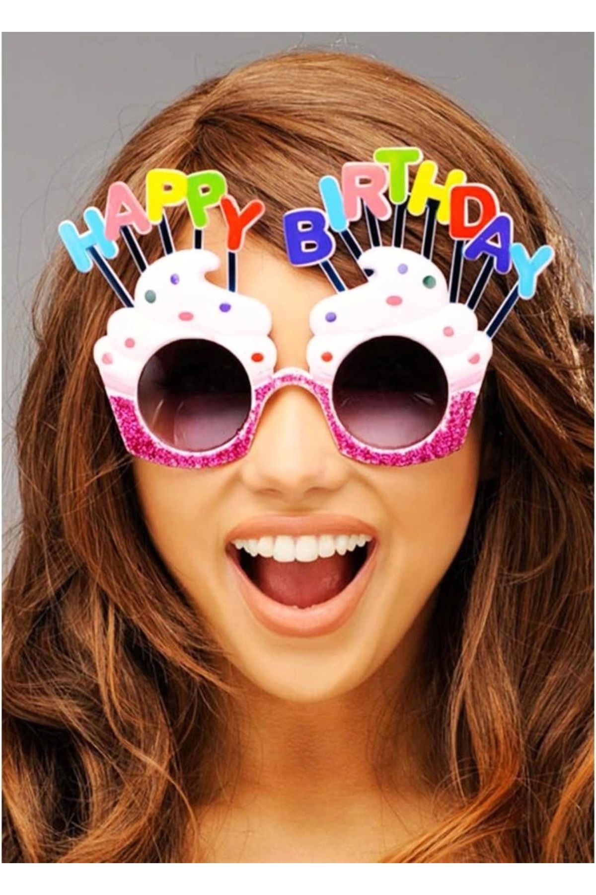 Finetoo Çocuk Happy Birthday Yazılı Beyaz Fuşya Renk Parti Gözlüğü 12x7 cm
