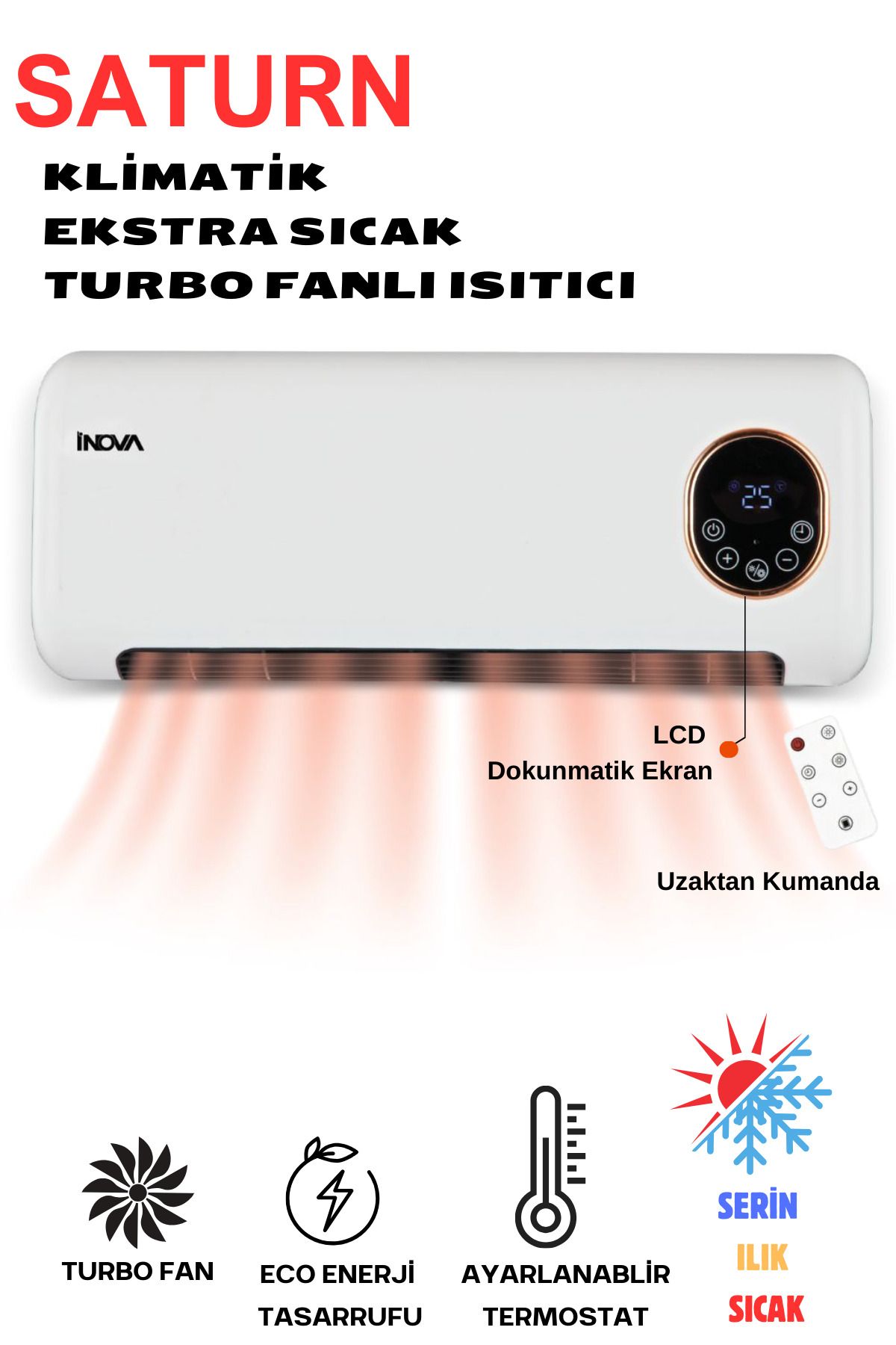 İnova SATURN DUVAR TİPİ FANLI ISITICI ELEKTRİKLİ SOBA VE VANTİLATÖR DİJİTAL EKRANLI TERMOSTATLI