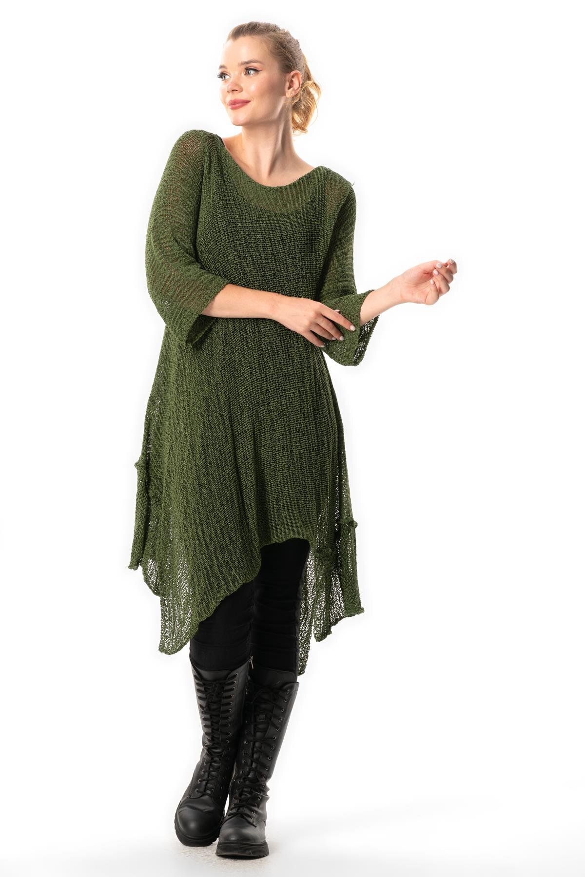 Eliş Şile Bezi-Asymmetric Cut Khaki Knitwear Tunic - Half Sleeve, Autumn and Winter - Goksu 1