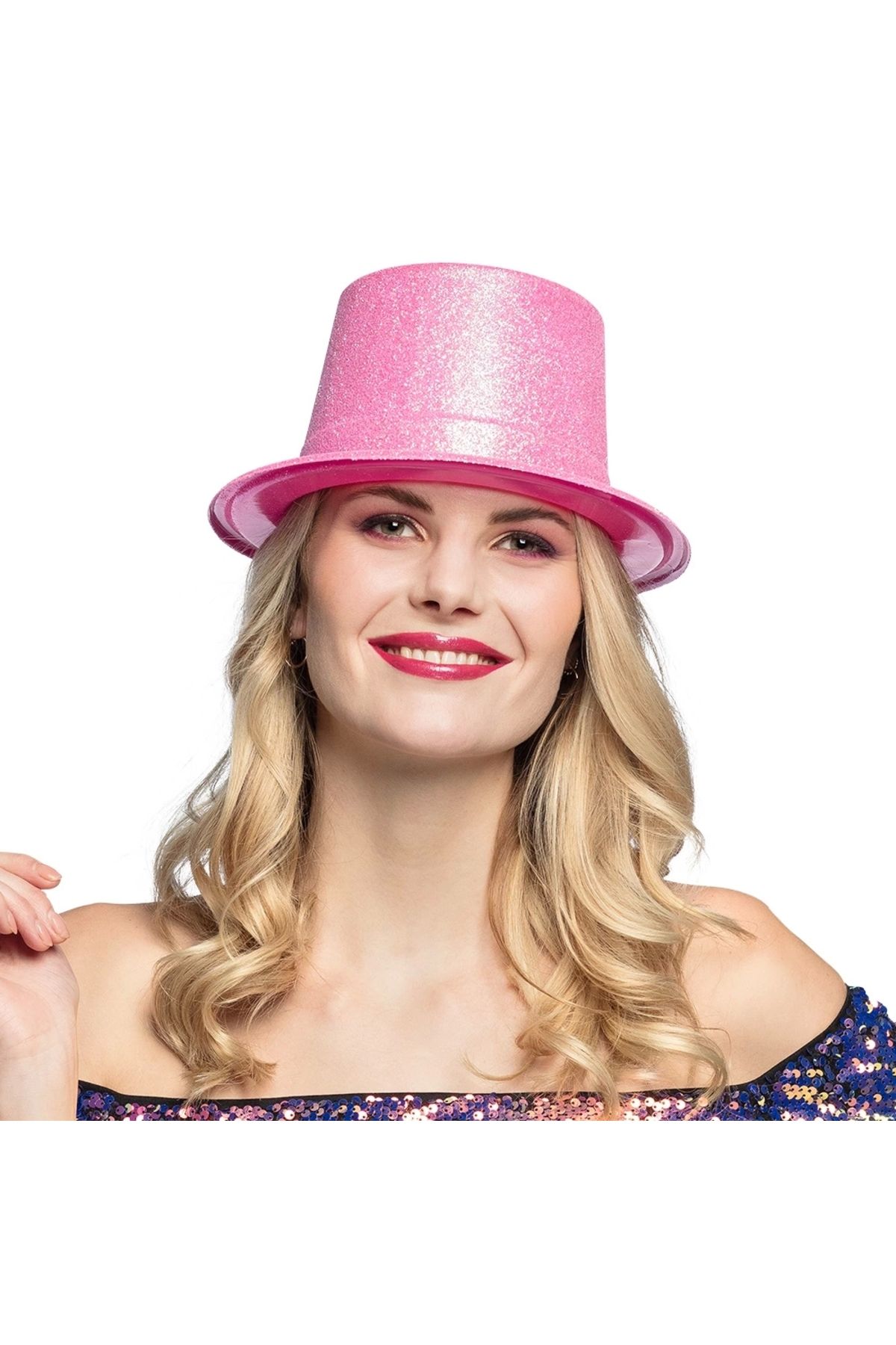 Finetoo Çocuk Floresan Pembe Renk Simli Uzun Fötr Melon Şapka 12 cm