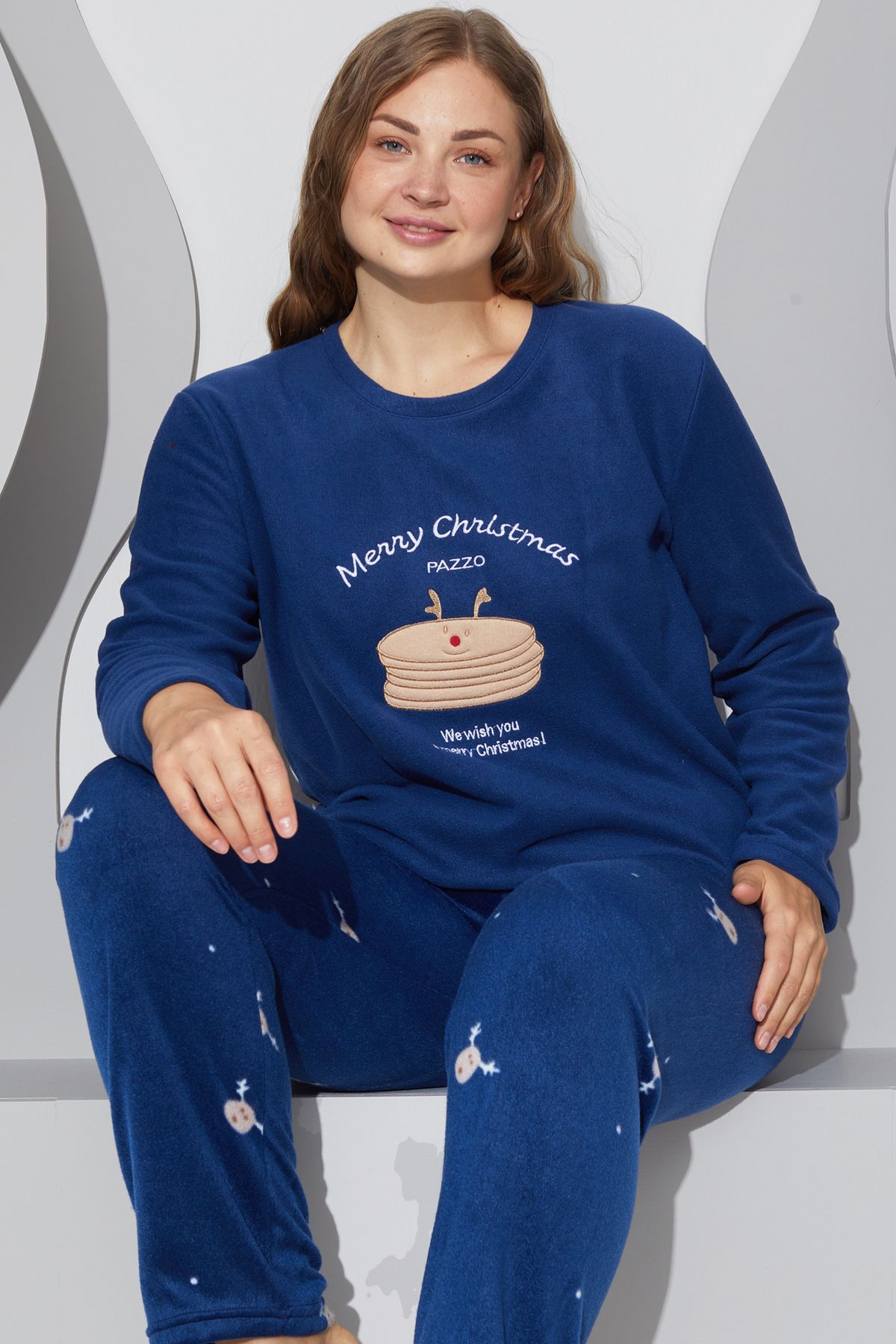 Siyah İnci-Navy Blue Embroidered - Large Size Oversize Pajama Set 24222527 1