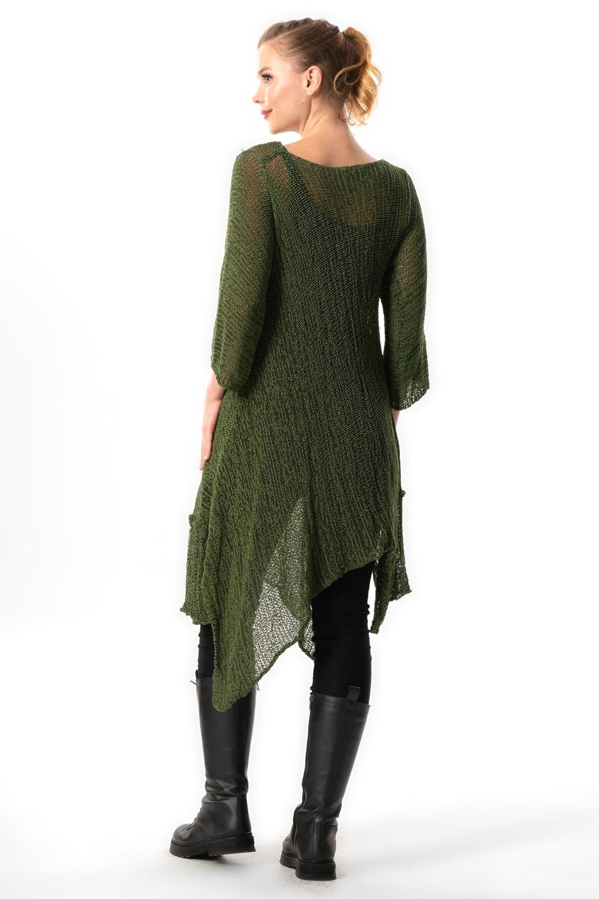 Eliş Şile Bezi-Asymmetric Cut Khaki Knitwear Tunic - Half Sleeve, Autumn and Winter - Goksu 2