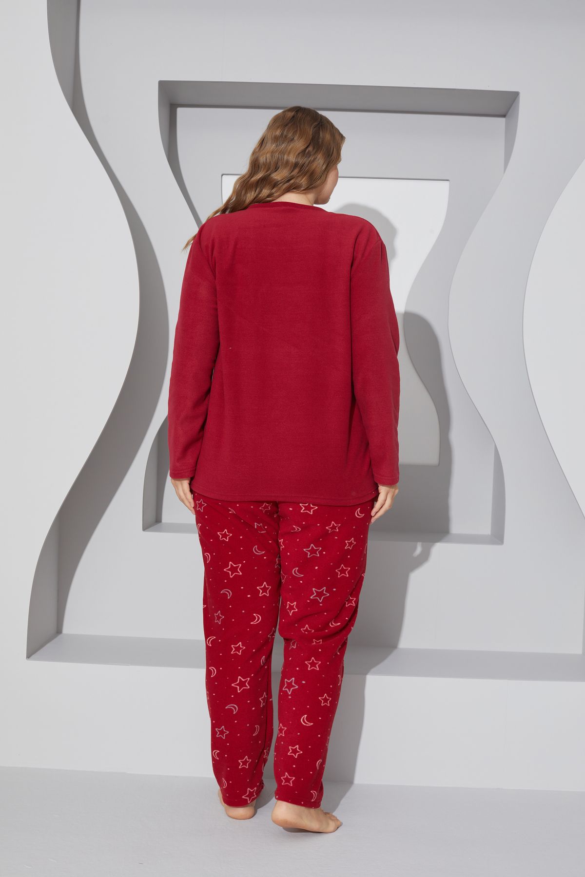 Siyah İnci-Large Size Oversize Fleece Curve Pajama Set - Embroidered, Top and Bottom Set 24222515 3