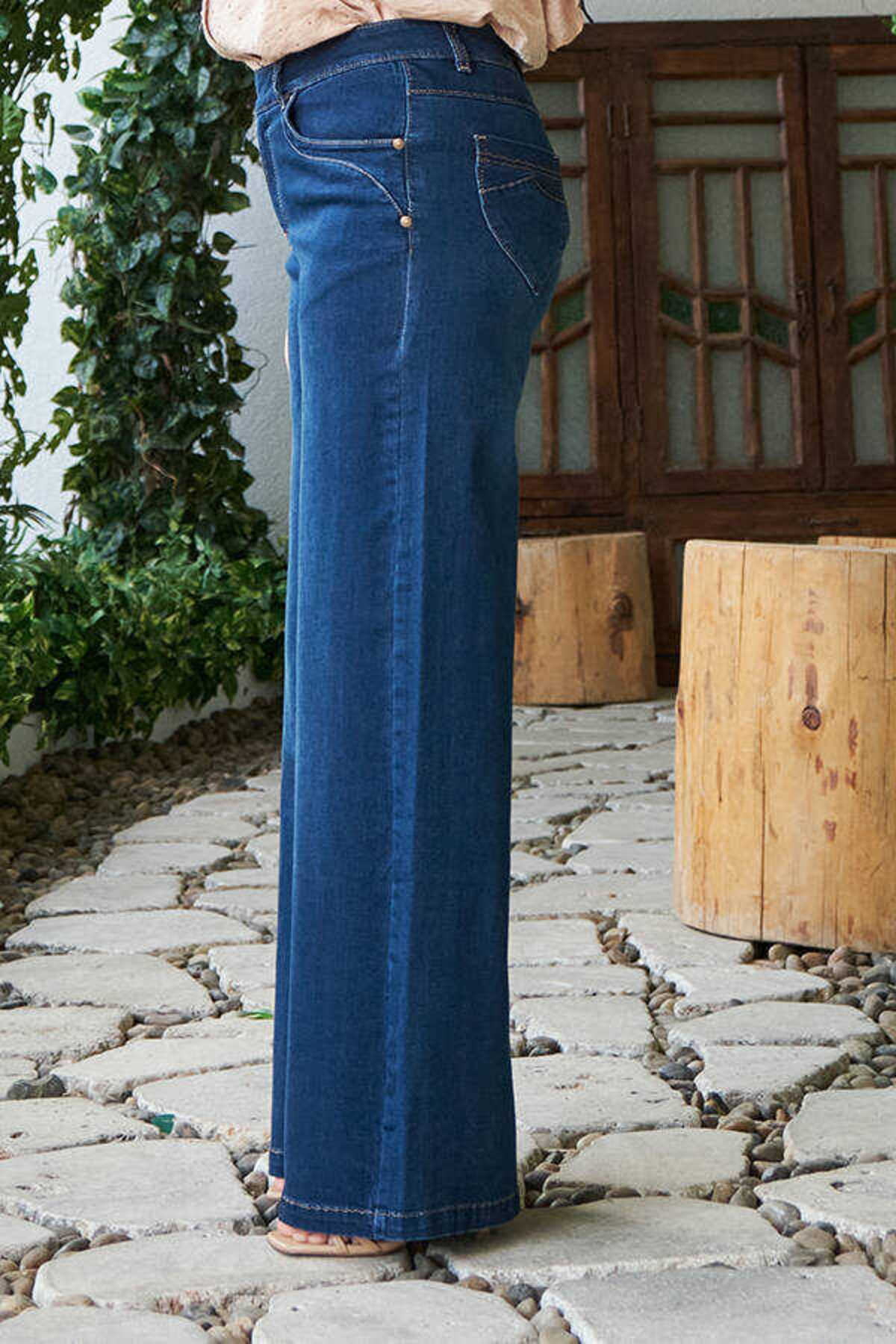 Neways  1067-Denim Bol Paça Pantolon Lacivert - Görsel 5