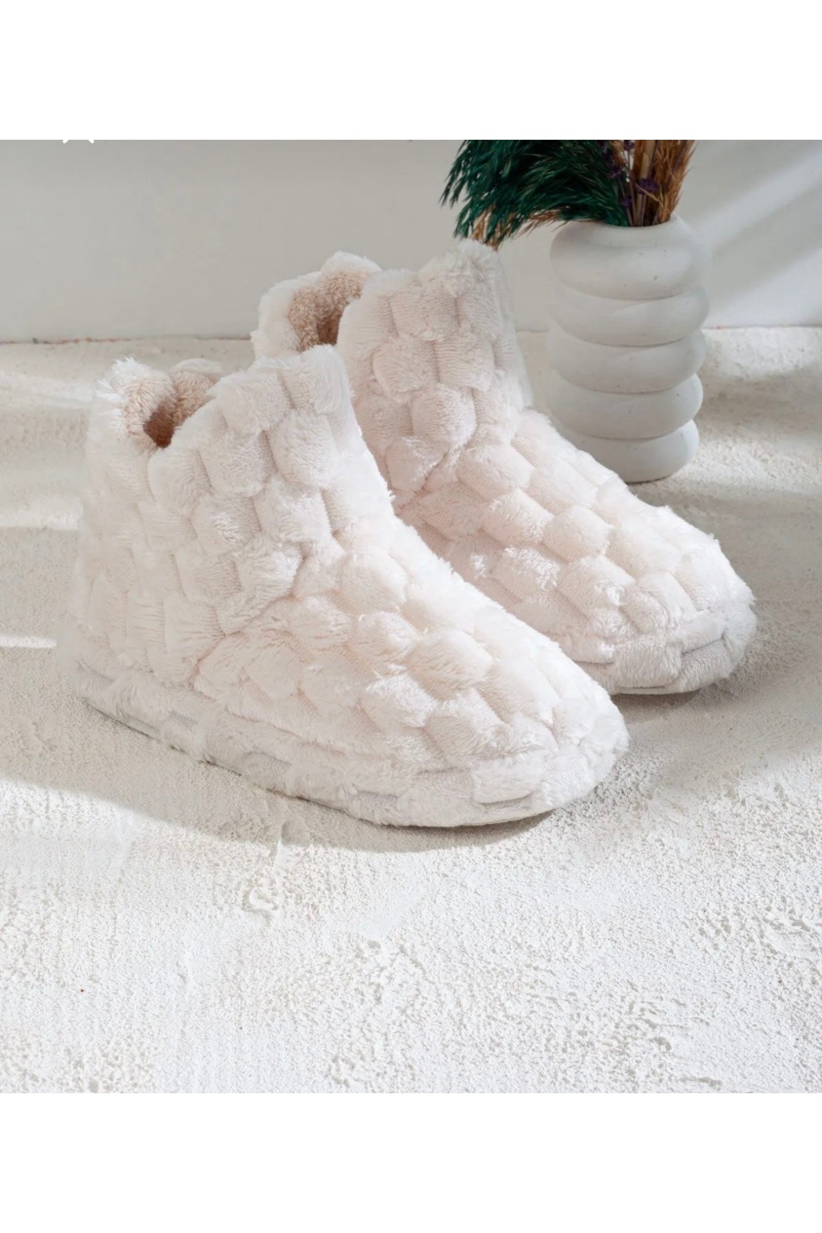 MODA kadın krem- taba peluş pofuduk kaydırmaz taban ses yapmaz ev botu panduf görsel 2