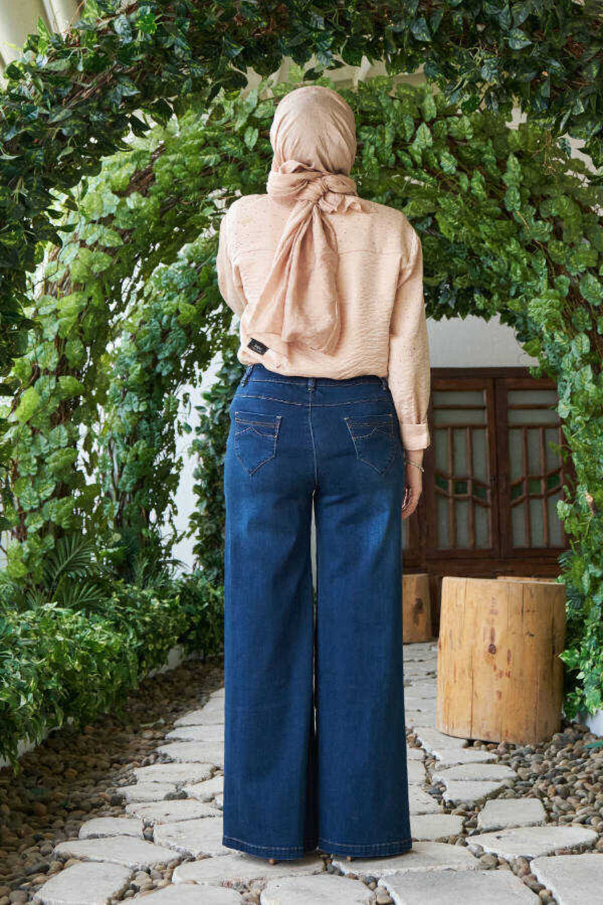 Neways  1067-Denim Bol Paça Pantolon Lacivert - Görsel 6