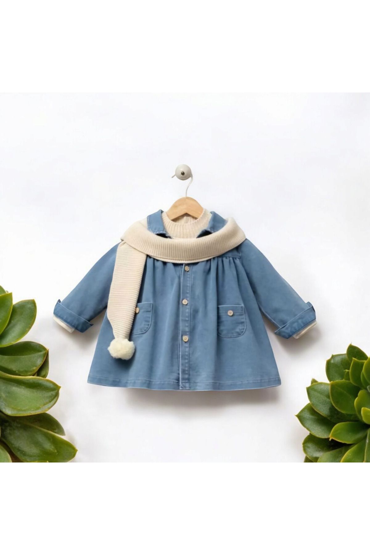 Noy Noy Kız Bebek 3'lü Takım- Triko Yaka Detaylı Body, Jile Elbise , Ponponlu Kaşkol fotoğrafı 6 (önizleme)