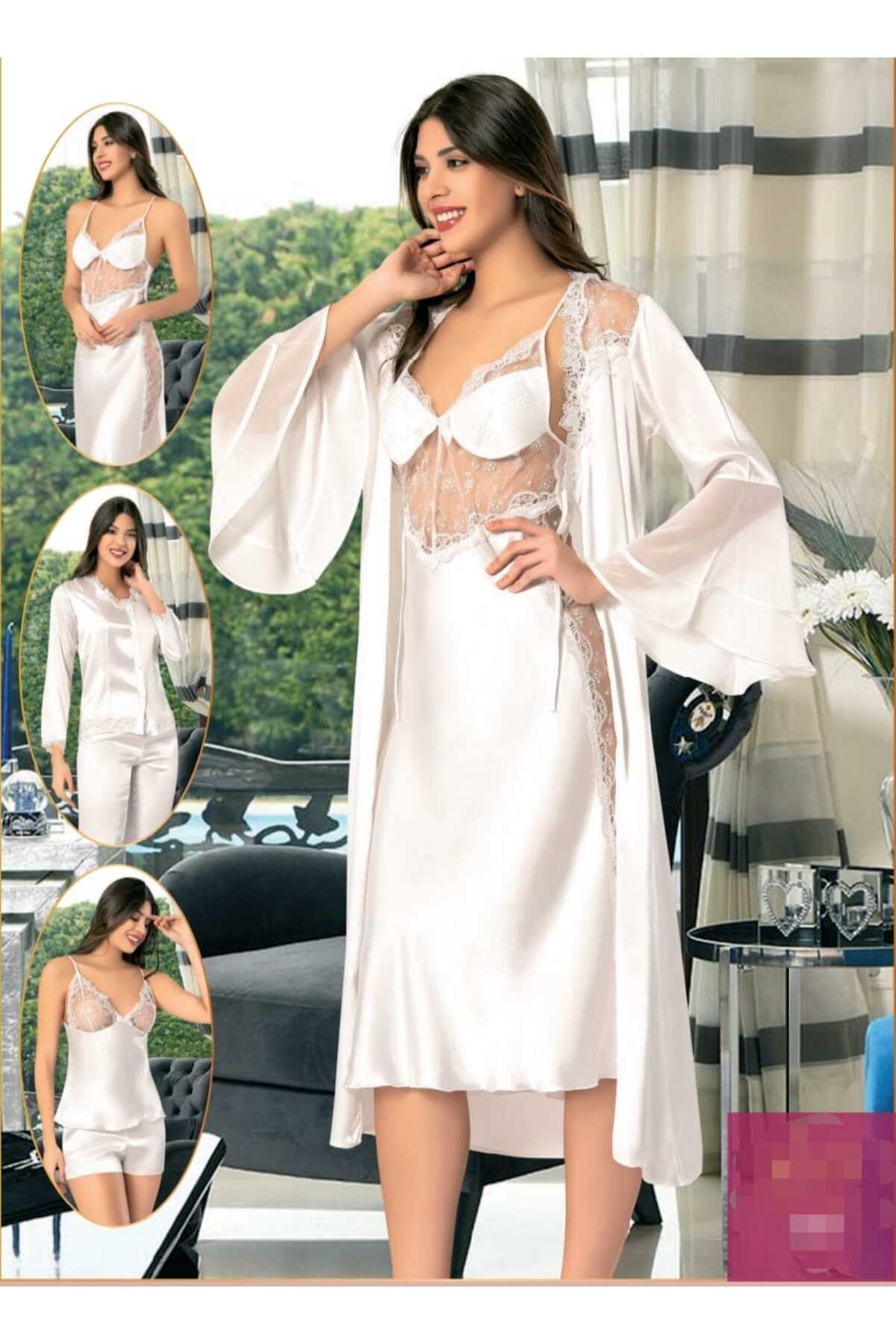 Genel Markalar Kadın Ekru Saten ÖzelTasarım Sabahlık Gecelik PijamaTakım ŞortluTakım 6'lı Kutulu Çeyiz Set