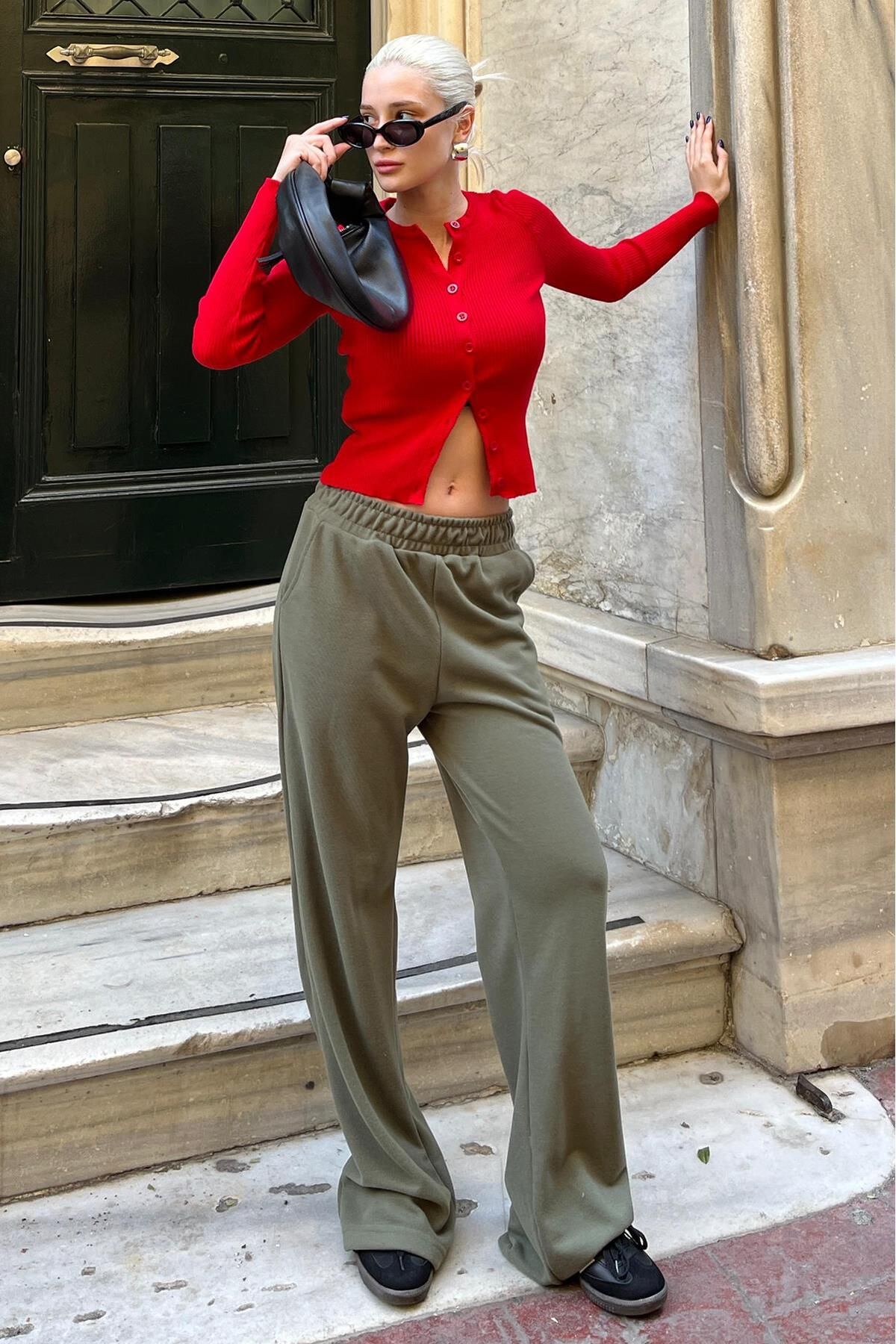 Madmext-Khaki Elastic Waist High Waist Spanish Leg Knitwear Trousers Mg2211 5