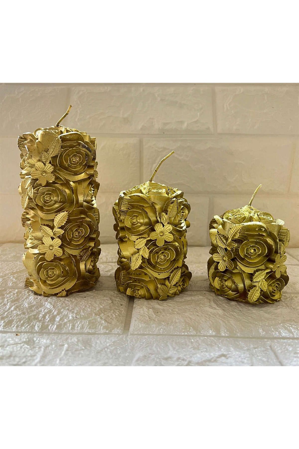 ZERO LAND - 3 adet Çiçek Desenli Dekoratif Mum Gold DRSTR