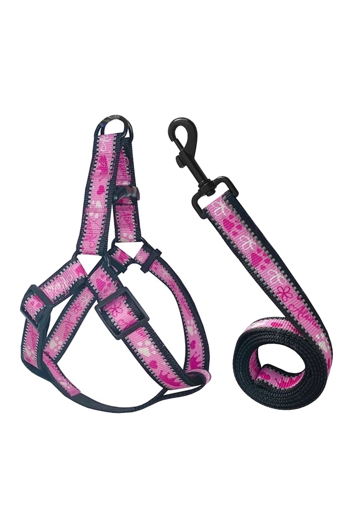 Angoravi Köpek Göğüs Tasma Seti Reflektörlü Taç Desenli 120 cm-50 cm-70 cm Pembe