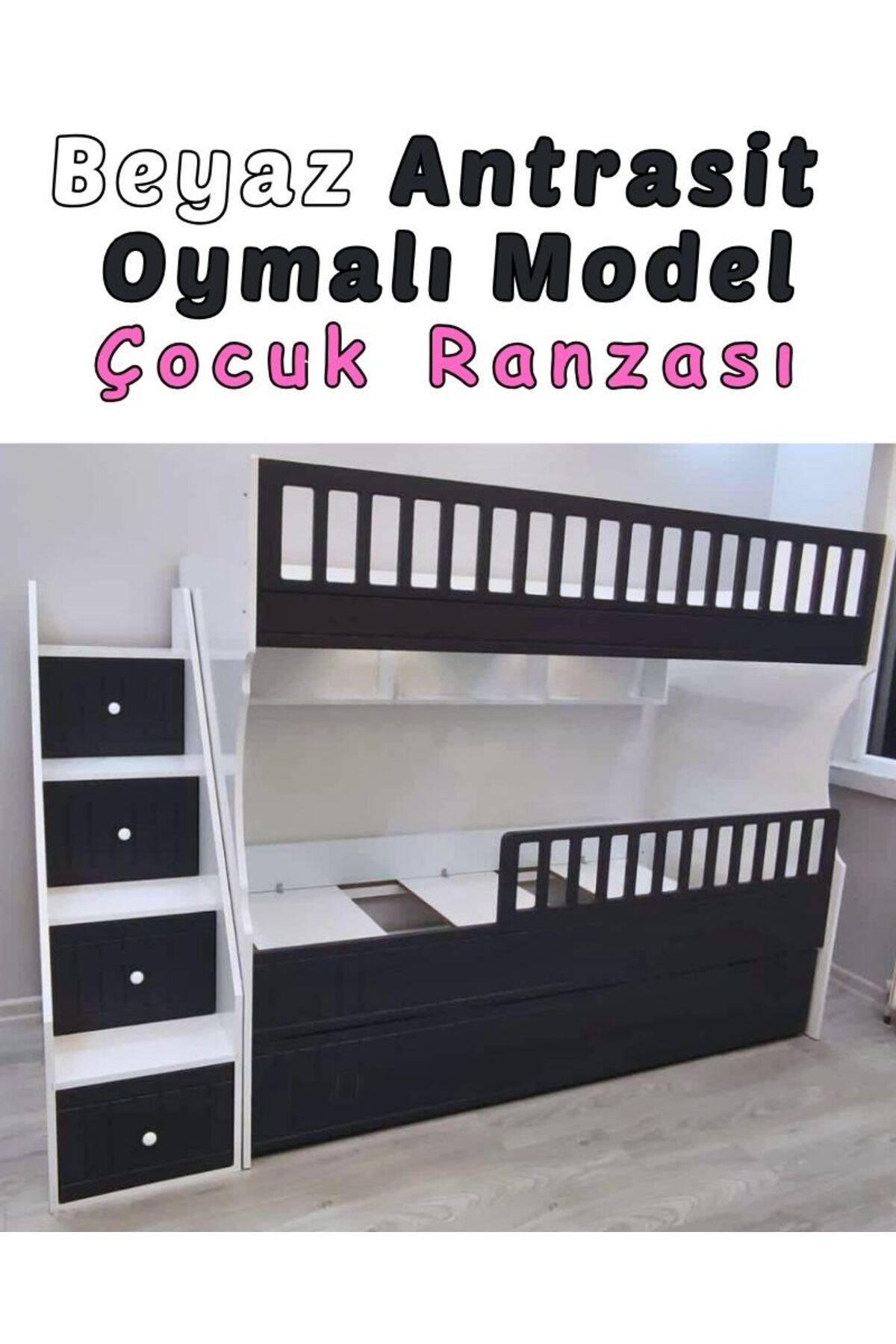 mürsel mobilya Beyaz Antrasit Oymalı Model Çocuk Ranzası