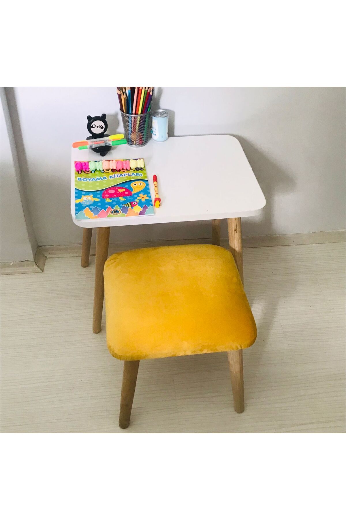 EKOÇ WOOD DESİNG Owen Tweety Çoçuk Çalışma Masası Montessori 1 Adet Puf Takımı,etkinlik Masası, Aktivite Masası