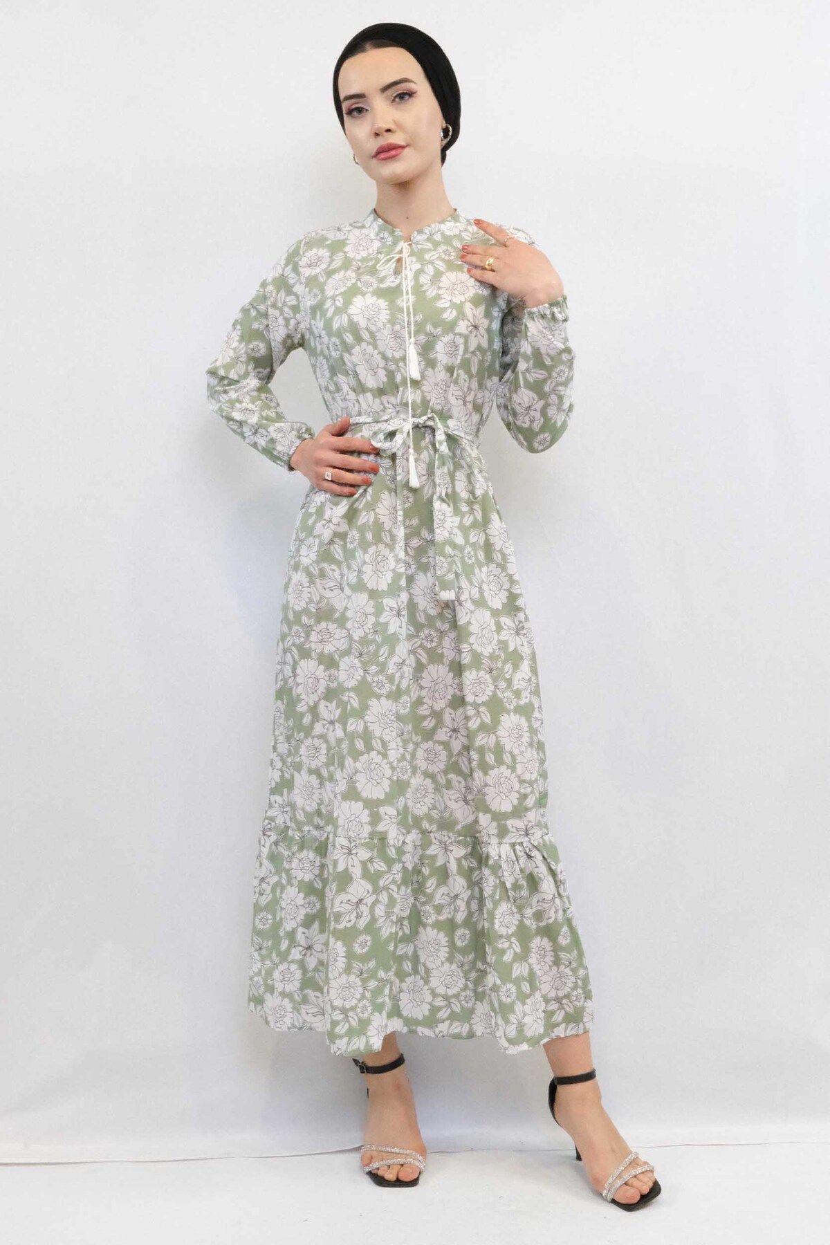 COXO Fashion`S Moda Çizgi Floral Pattern Pleated Dress Mint