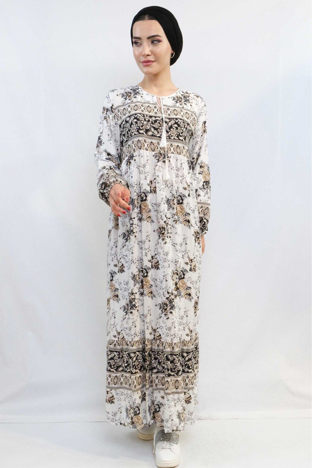 COXO Fashion`S Moda Çizgi Ethnic Pattern Dress Beige