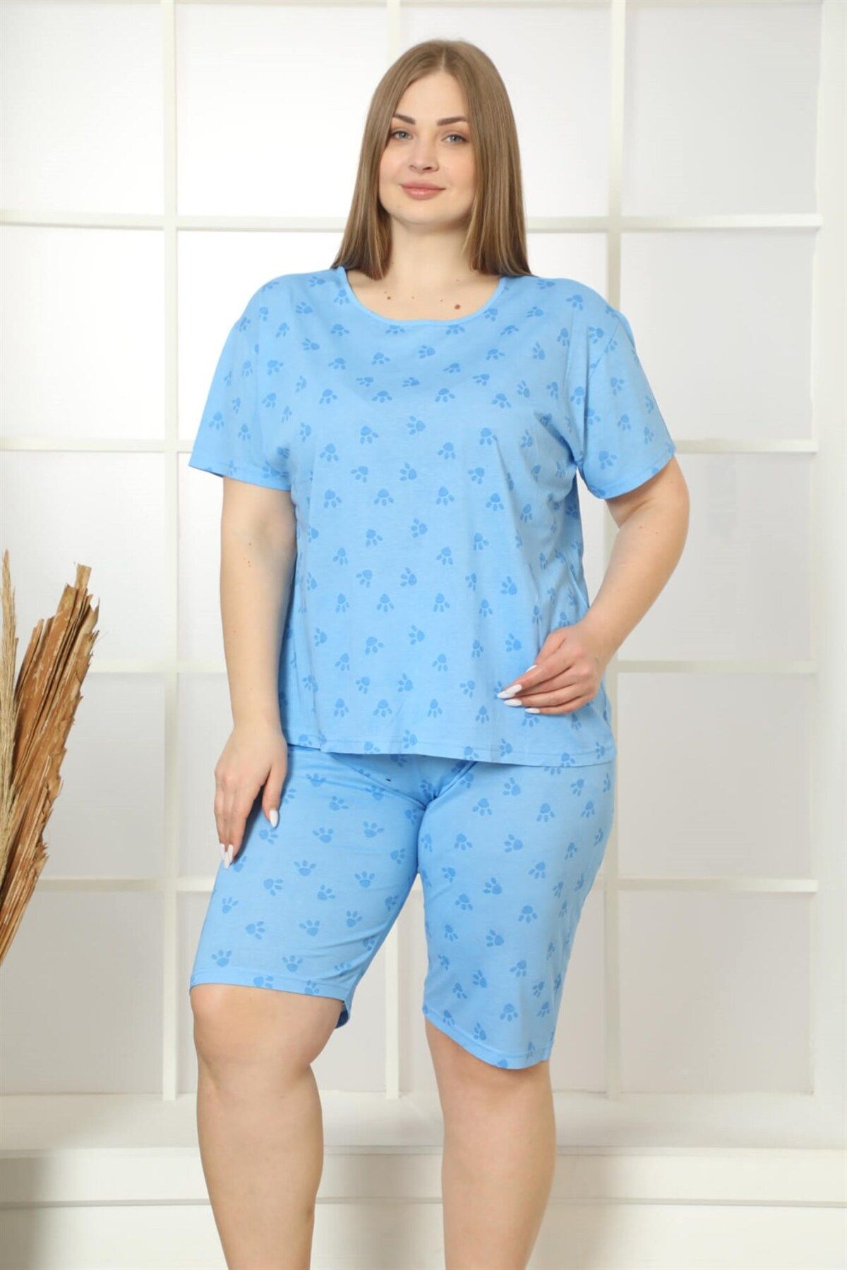 COXO Fashion`S Moda Çizgi Kadın %100 Pamuk Kapri Büyük Beden Pijama Takım 202165