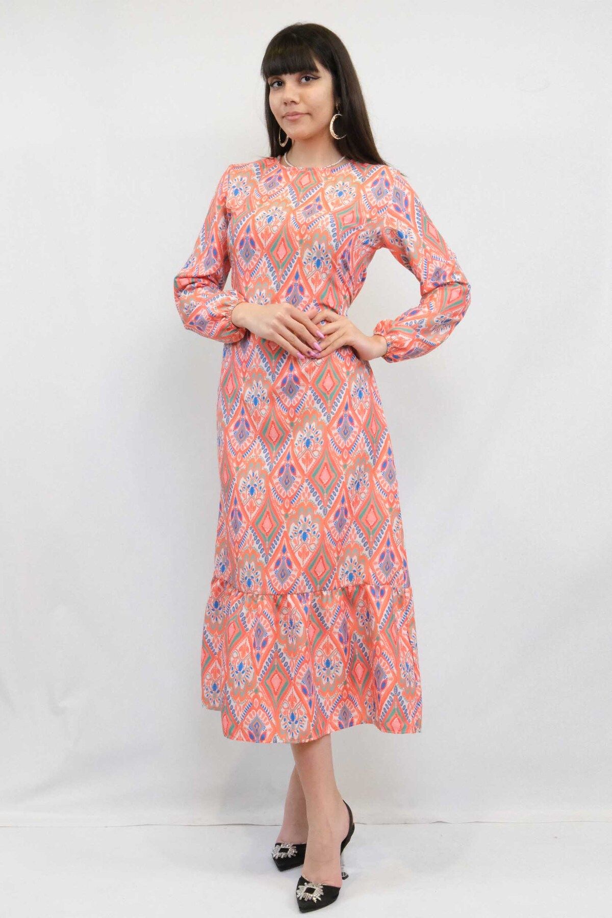COXO Fashion`S Moda Çizgi Paisley Pattern Dress Orange