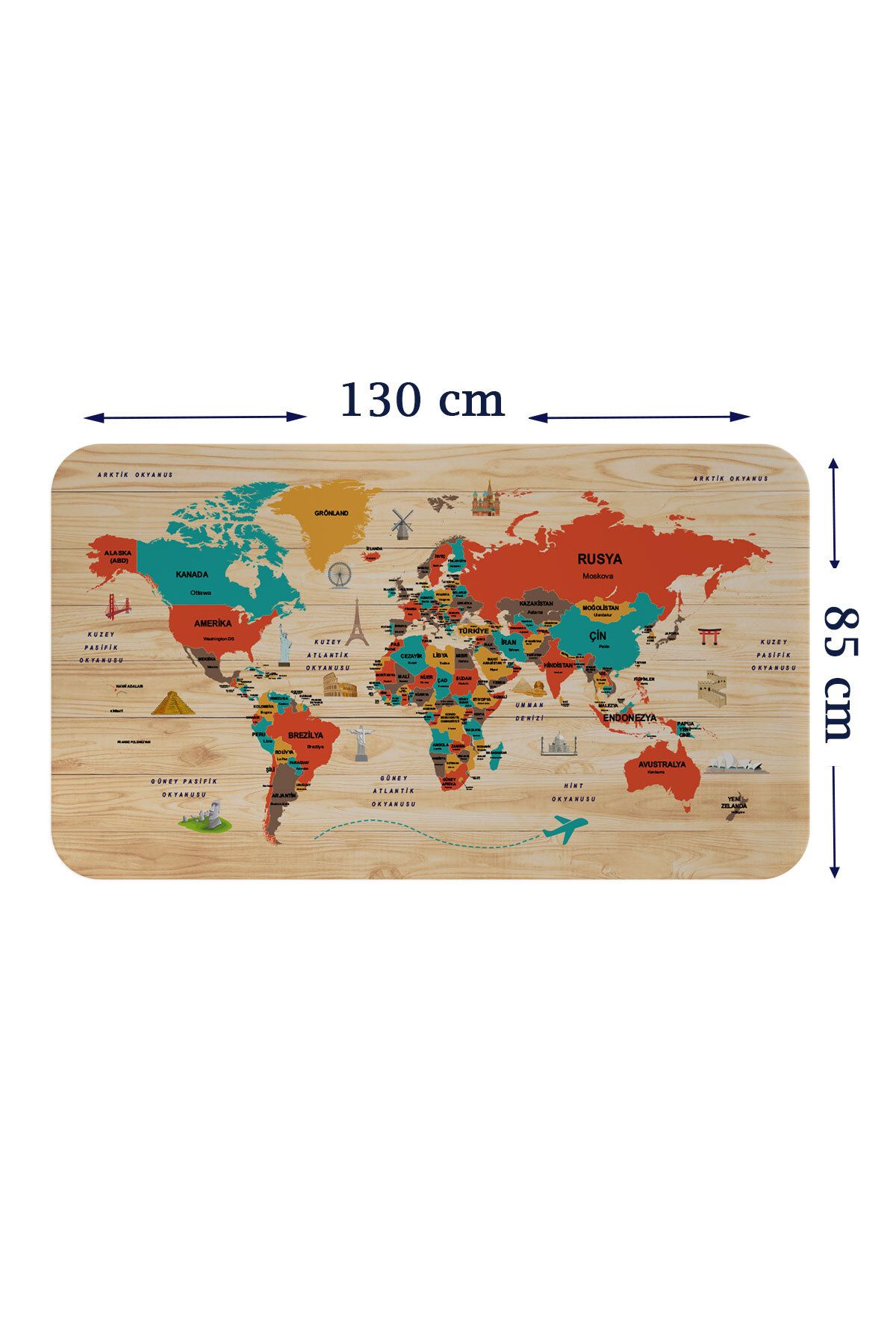 Haye Collection Ahşap Görünümlü Türkçe Eğitici Detaylı Atlası Dünya Haritası Duvar Sticker-85x130-3867