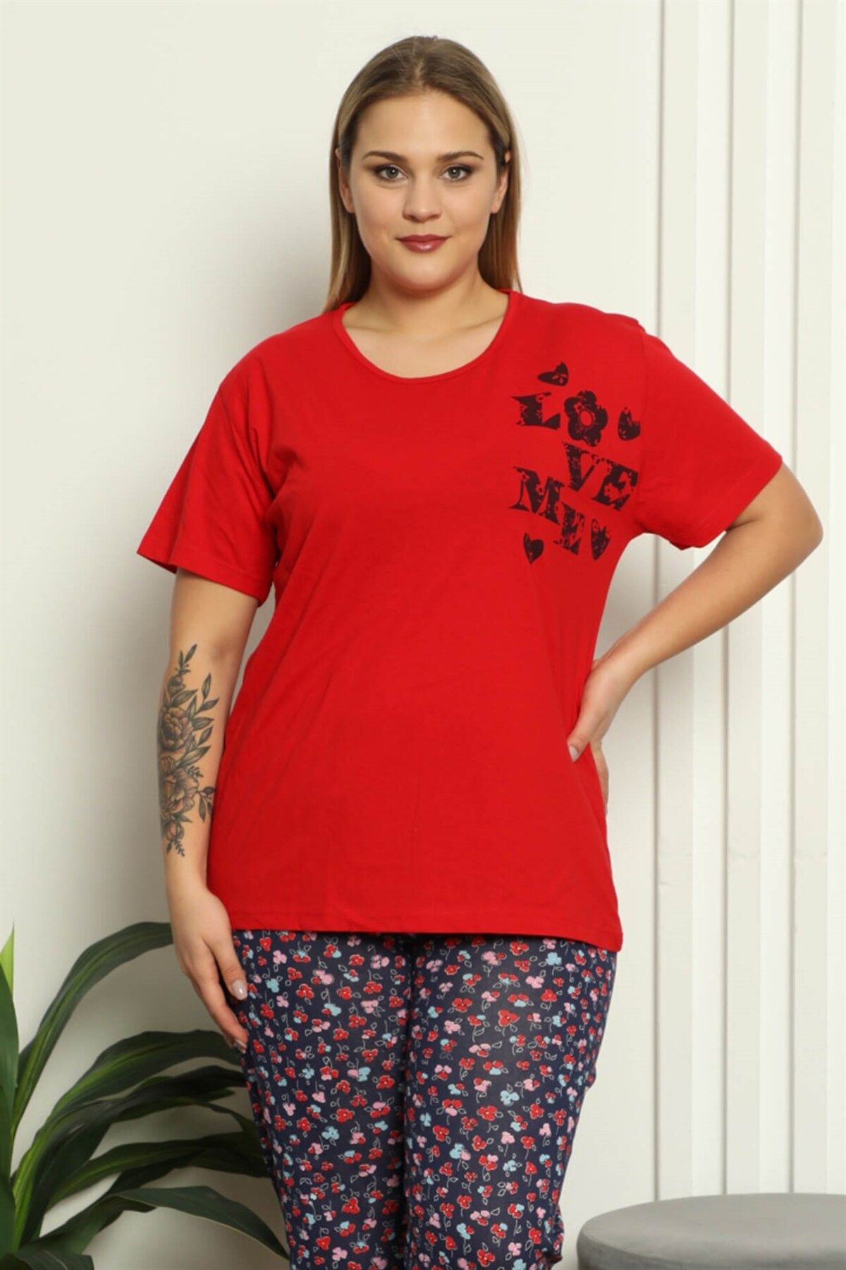 COXO Fashion`S Moda Çizgi Women's 100% Cotton Short Sleeve Plus Size Pajama Set 202144