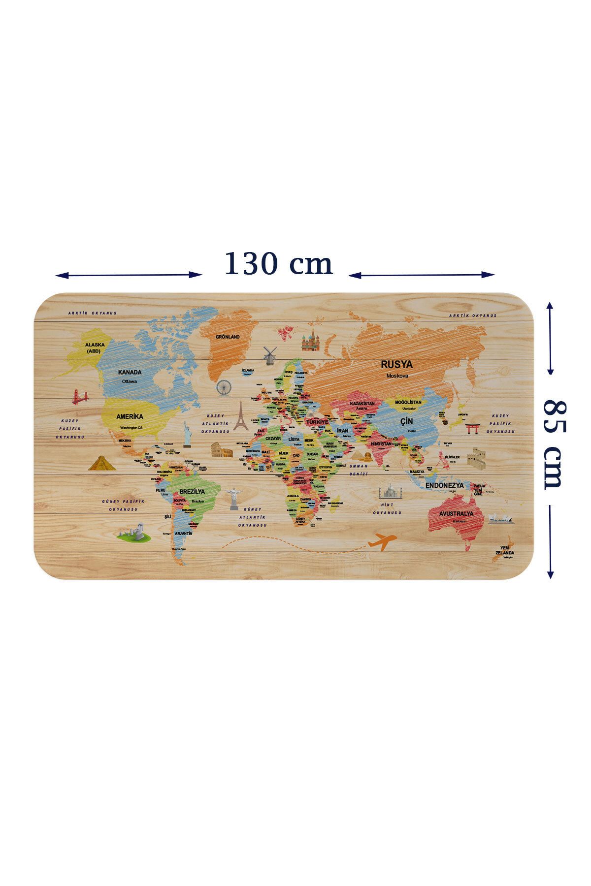 Haye Collection Ahşap Görünümlü Türkçe Eğitici Detaylı Atlası Dünya Haritası Duvar Sticker-85x130-3868