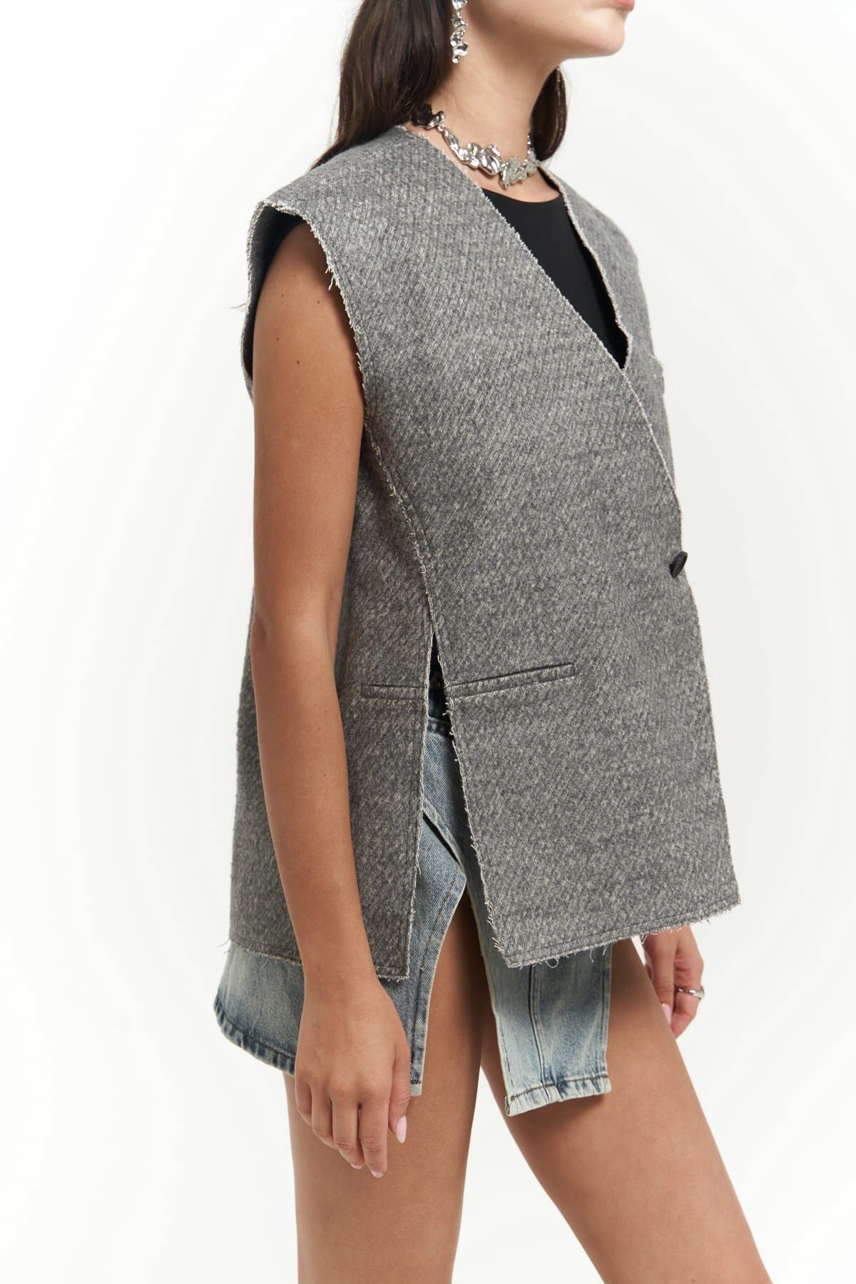 MAİ COLLECTİON-Faven Gray Side Slit Detail Vest 6