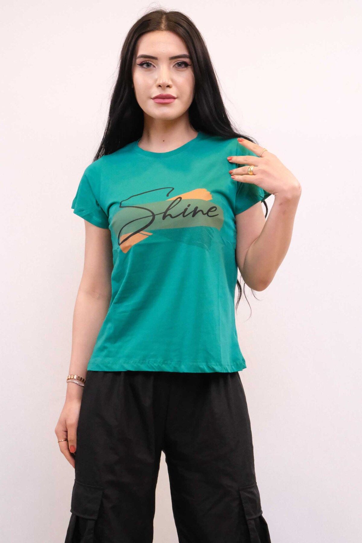 COXO Fashion`S Moda Çizgi Shine Printed Tshirt Green