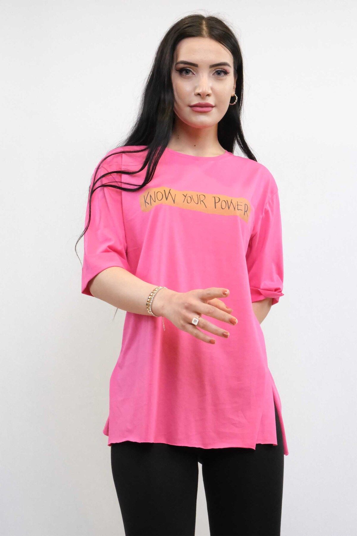 COXO Fashion`S Moda Çizgi Crew Neck Oversize Tshirt Pink