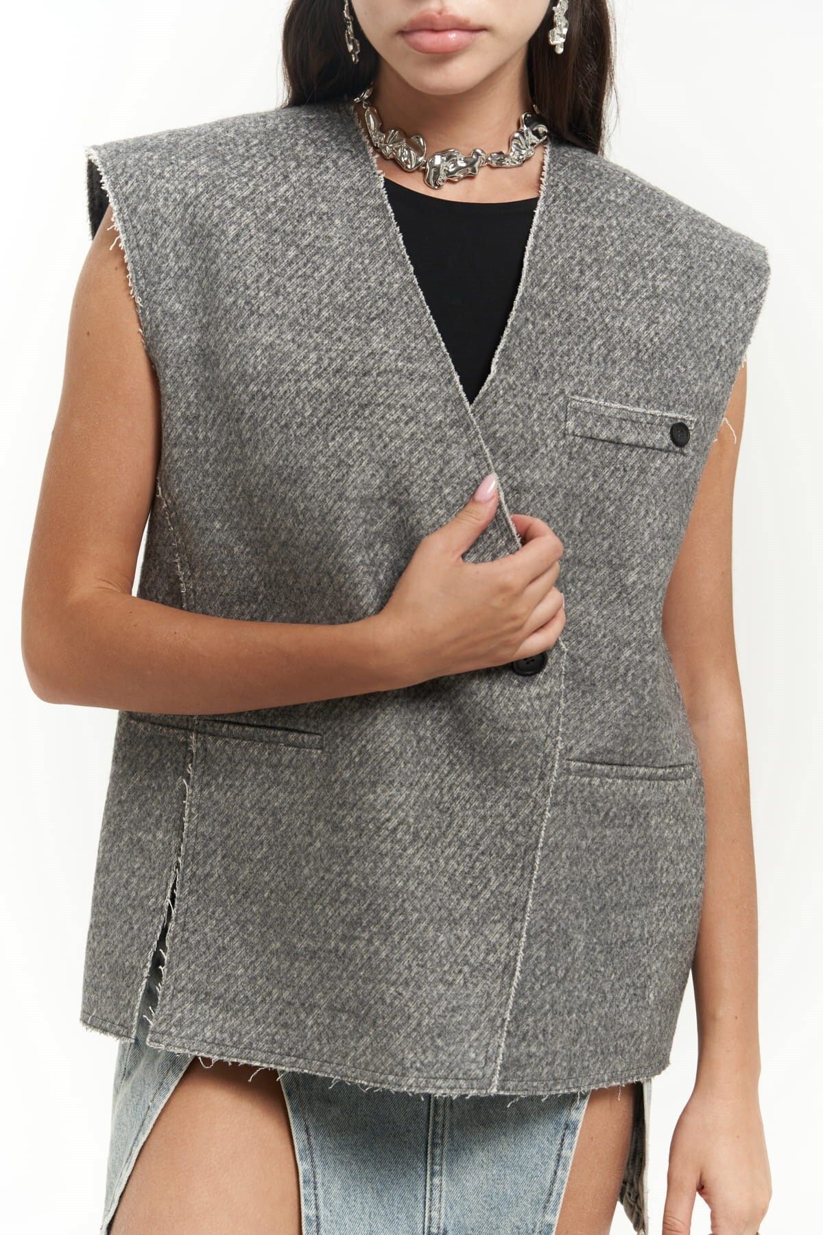 MAİ COLLECTİON-Faven Gray Side Slit Detail Vest 5